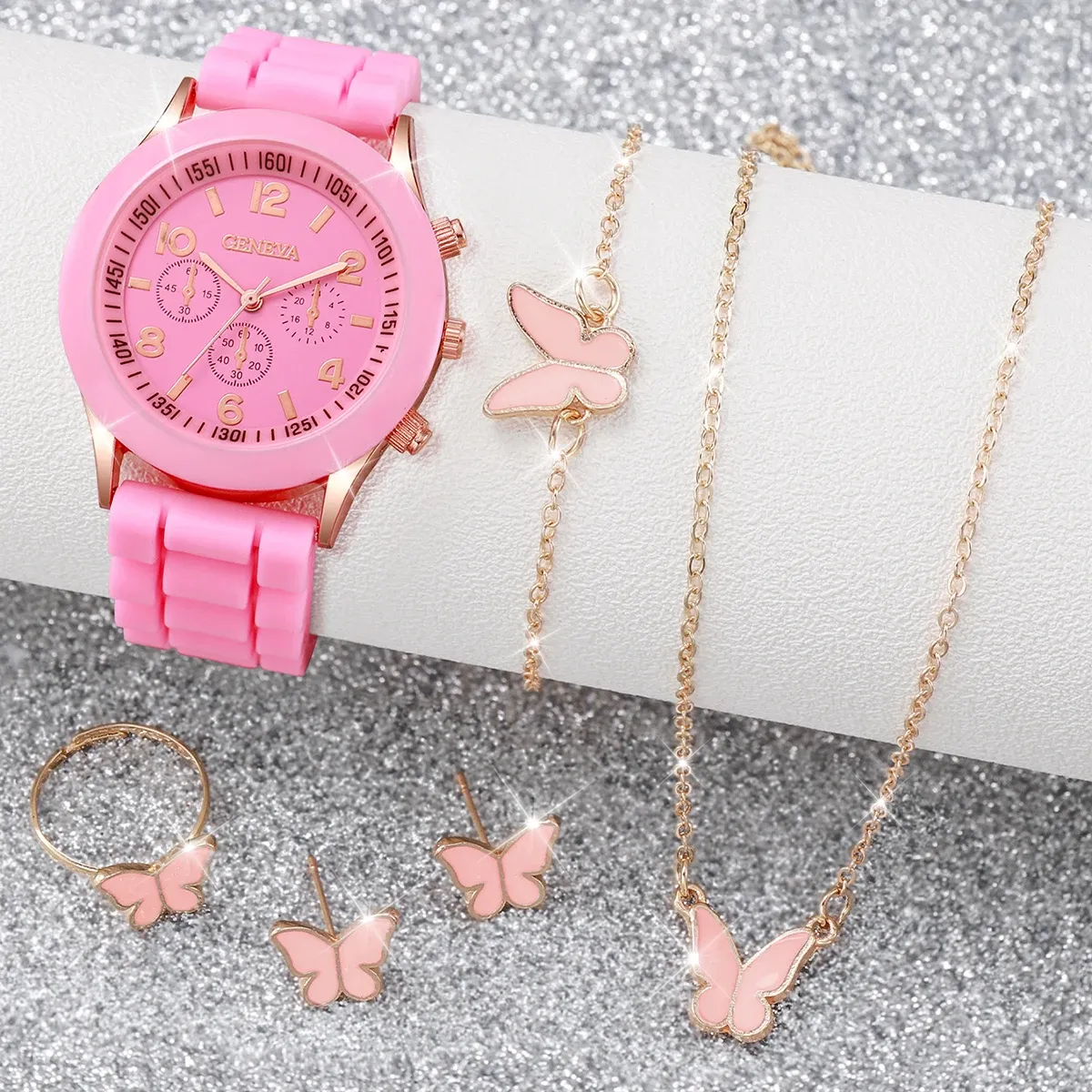 Women's Fashion Silicone Band Quartz Watch Jewelry Set - 5PCS Includes Watch, Bracelet, Necklace, 2 Earrings - CE Certified, Durable Alloy & Silicone, Water Resistant for Daily Wear showcase 16