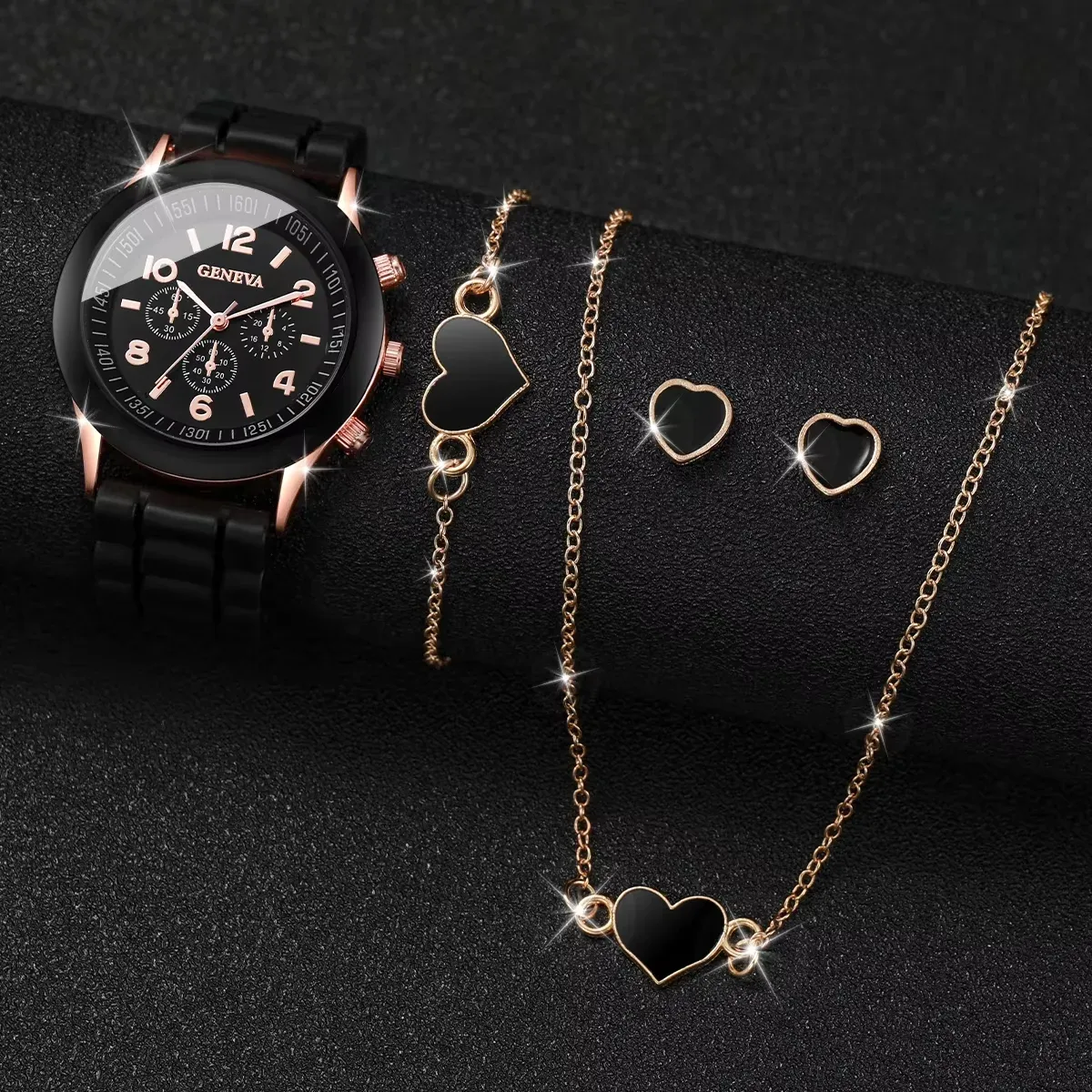 Women's Fashion Silicone Band Quartz Watch Jewelry Set - 5PCS Includes Watch, Bracelet, Necklace, 2 Earrings - CE Certified, Durable Alloy & Silicone, Water Resistant for Daily Wear showcase 11