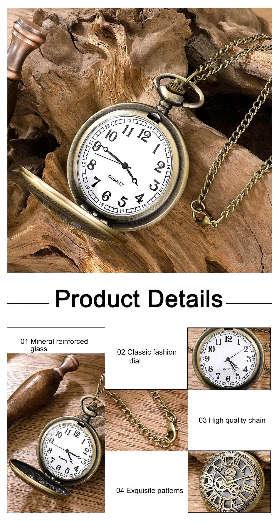Antique Steampunk Roman Numeral Pocket Watch, Vintage Bronze Case Quartz Movement Necklace Pendant with Chain for Men & Women showcase 3