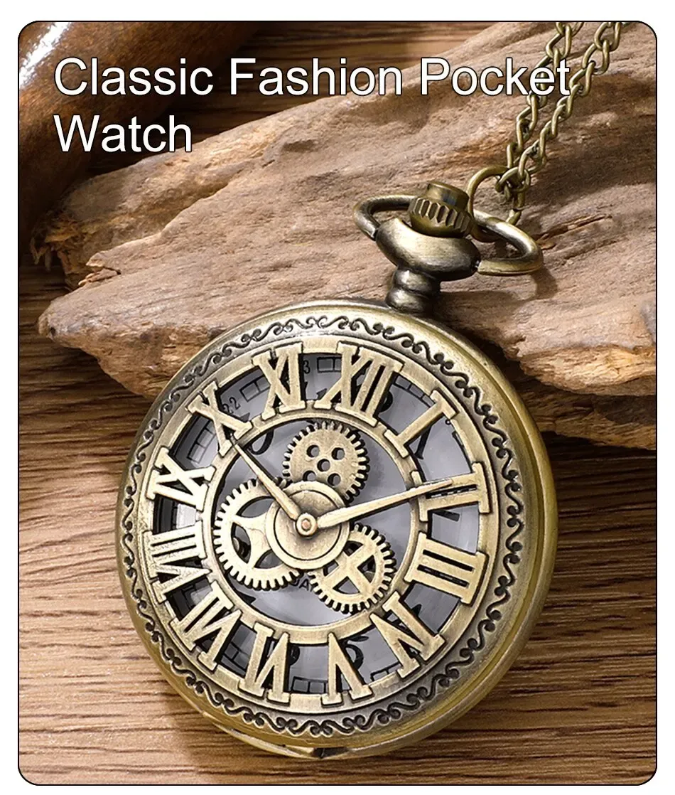 Antique Steampunk Roman Numeral Pocket Watch, Vintage Bronze Case Quartz Movement Necklace Pendant with Chain for Men & Women showcase 1