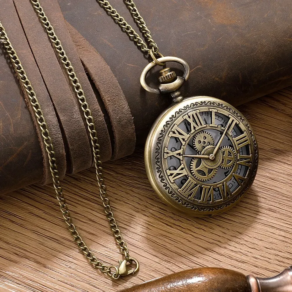 Antique Steampunk Roman Numeral Pocket Watch, Vintage Bronze Case Quartz Movement Necklace Pendant with Chain for Men & Women thumbnail 3