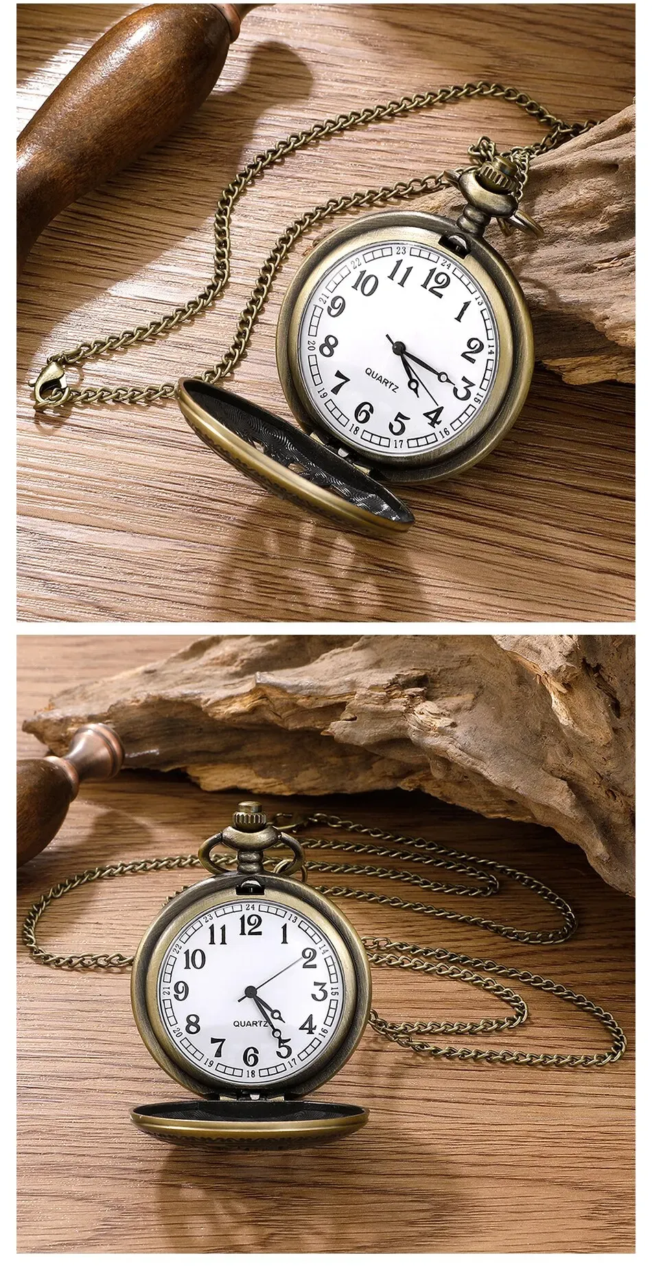 Antique Steampunk Roman Numeral Pocket Watch, Vintage Bronze Case Quartz Movement Necklace Pendant with Chain for Men & Women showcase 5