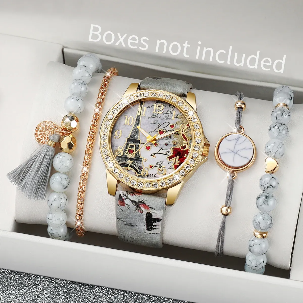Fashion Rhinestone Women's Watch Set - Floral Leather Band Quartz Timepiece with Elegant Design, CE Certified, Perfect for Daily Wear thumbnail 1