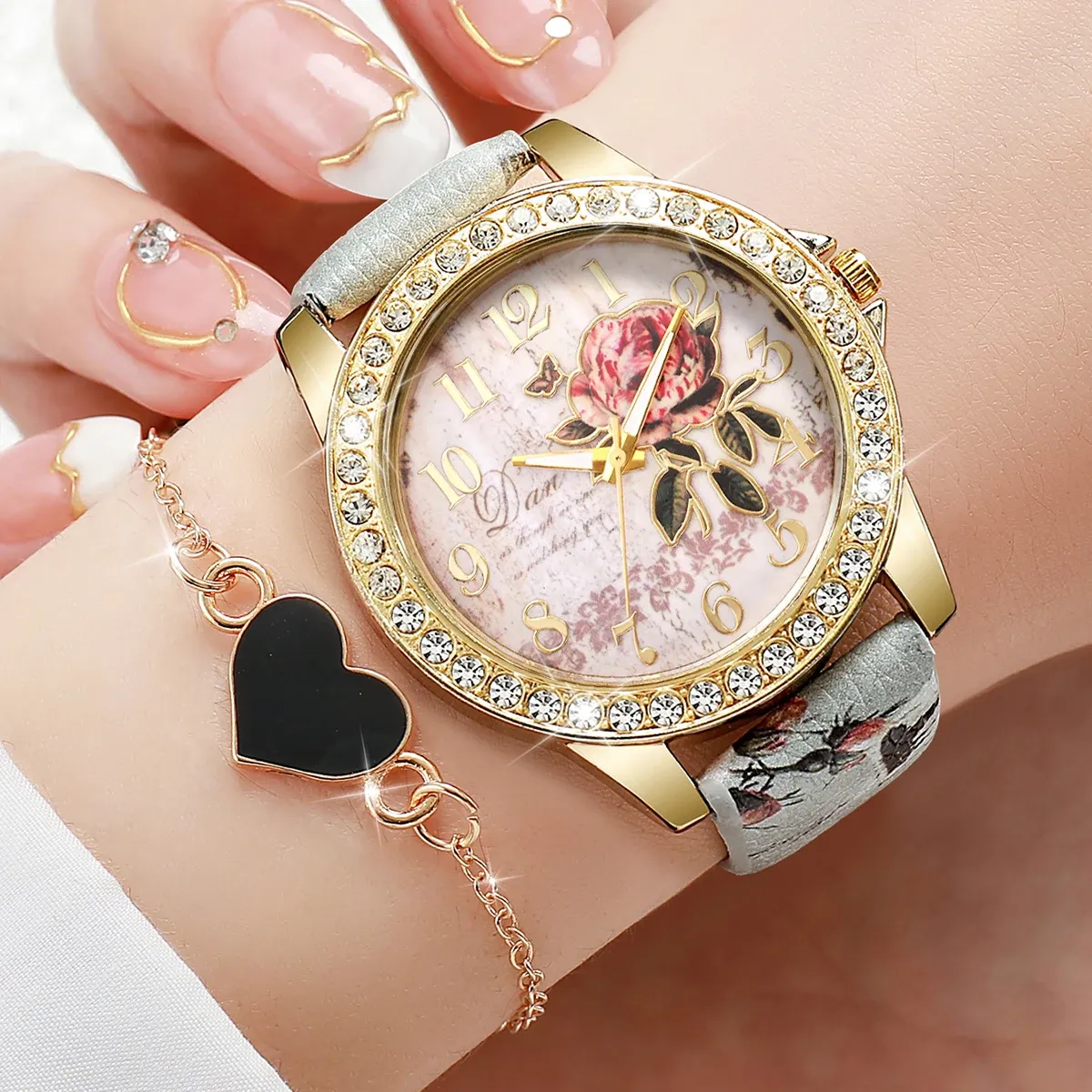 Fashion Rhinestone Women's Watch Set - Floral Leather Band Quartz Timepiece with Elegant Design, CE Certified, Perfect for Daily Wear showcase 14