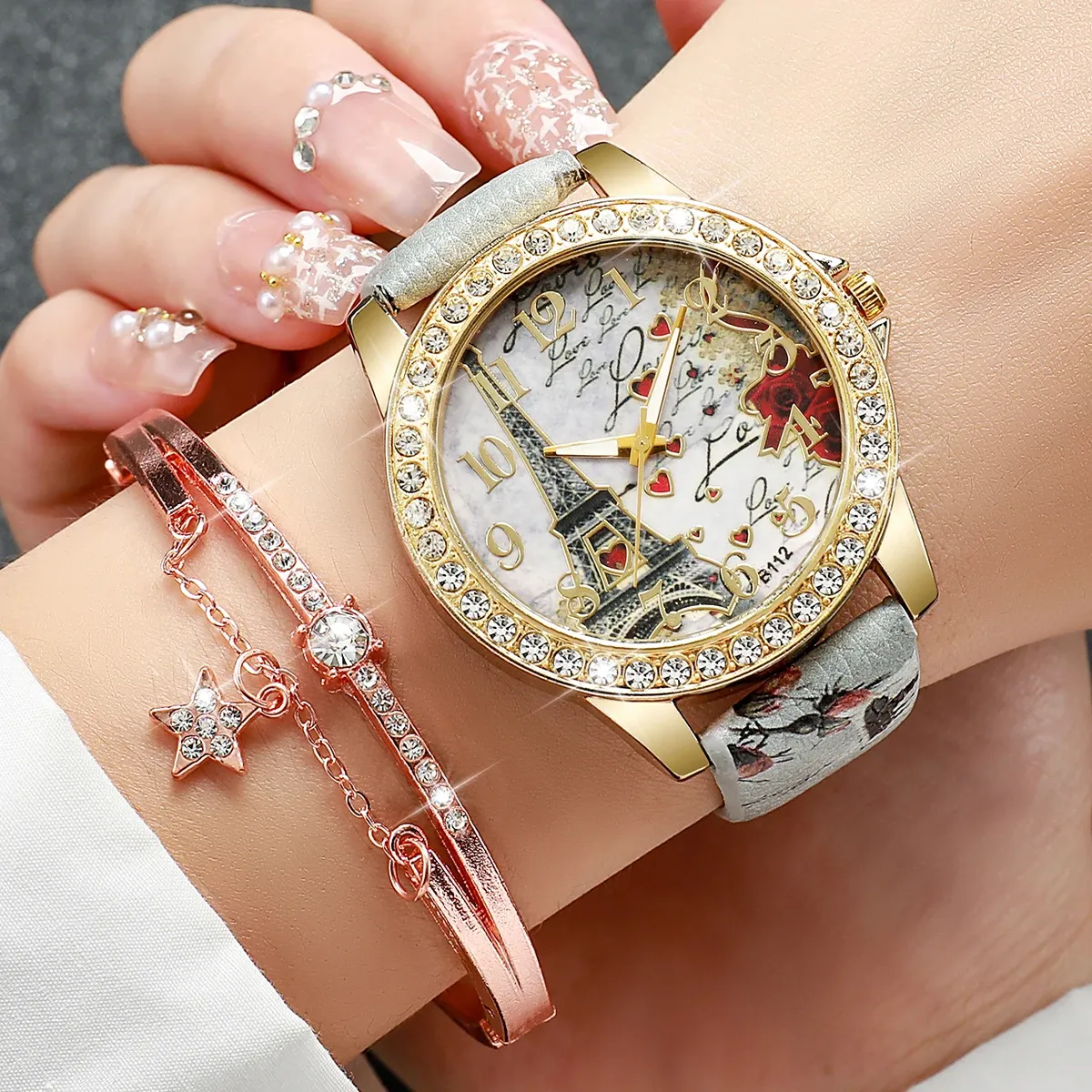 Fashion Rhinestone Women's Watch Set - Floral Leather Band Quartz Timepiece with Elegant Design, CE Certified, Perfect for Daily Wear showcase 9
