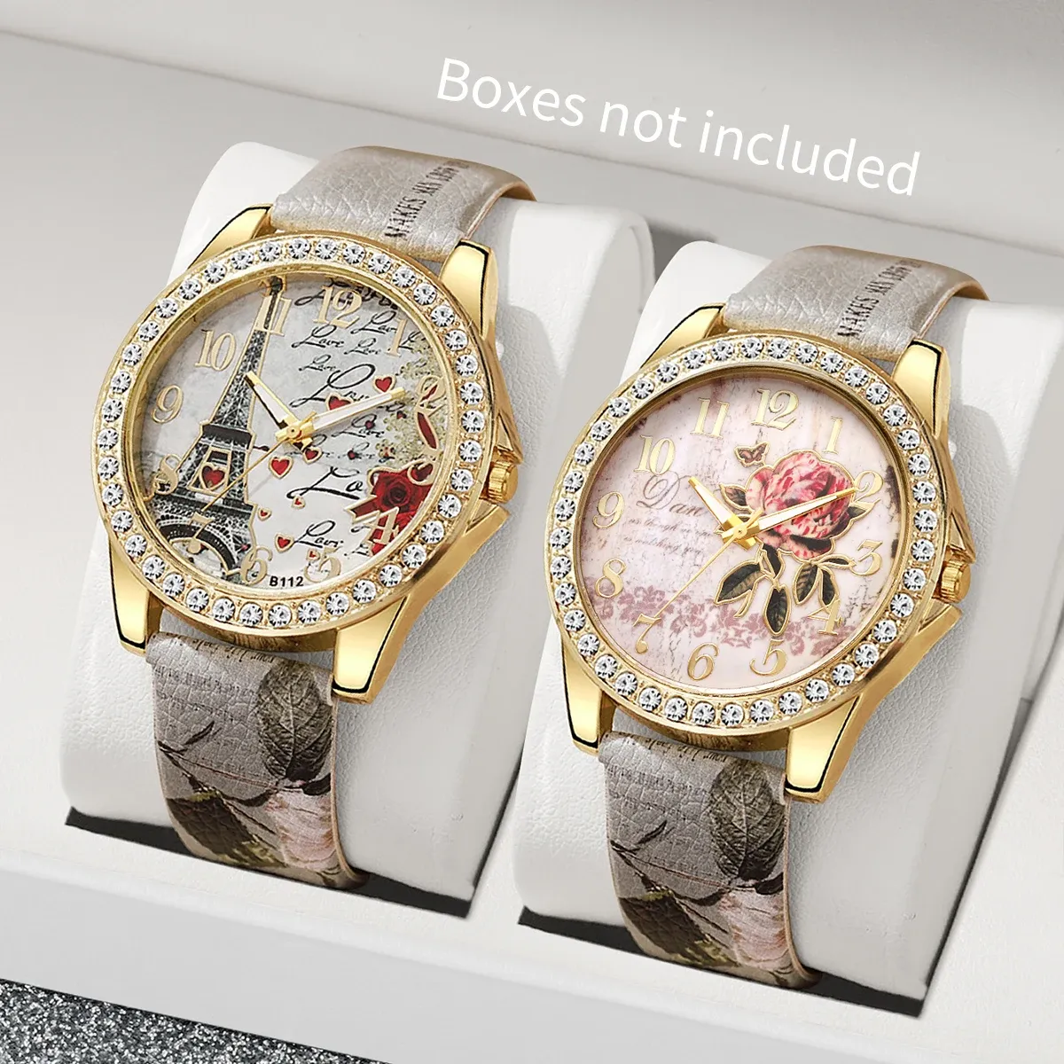 Fashion Rhinestone Women's Watch Set - Floral Leather Band Quartz Timepiece with Elegant Design, CE Certified, Perfect for Daily Wear thumbnail 3