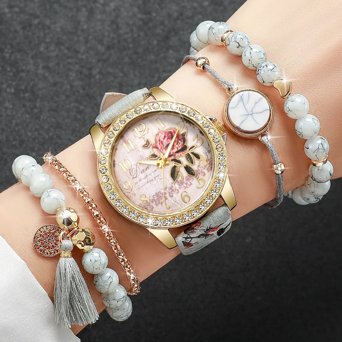 Fashion Rhinestone Women's Watch Set - Floral Leather Band Quartz Timepiece with Elegant Design, CE Certified, Perfect for Daily Wear thumbnail 4