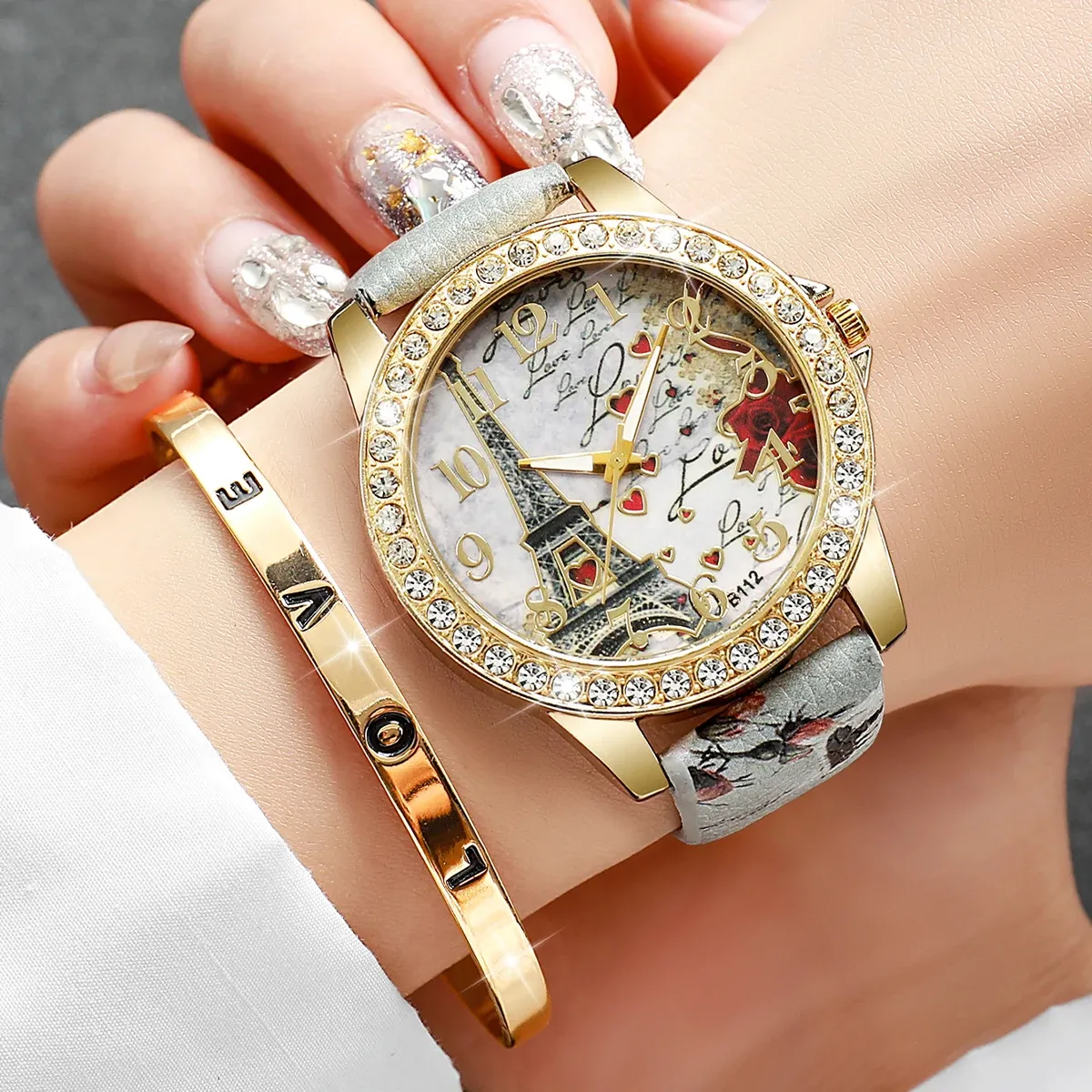 Fashion Rhinestone Women's Watch Set - Floral Leather Band Quartz Timepiece with Elegant Design, CE Certified, Perfect for Daily Wear thumbnail 6