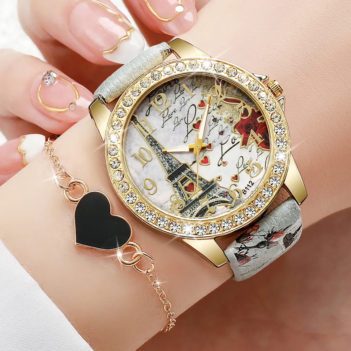 Fashion Rhinestone Women's Watch Set - Floral Leather Band Quartz Timepiece with Elegant Design, CE Certified, Perfect for Daily Wear showcase 10