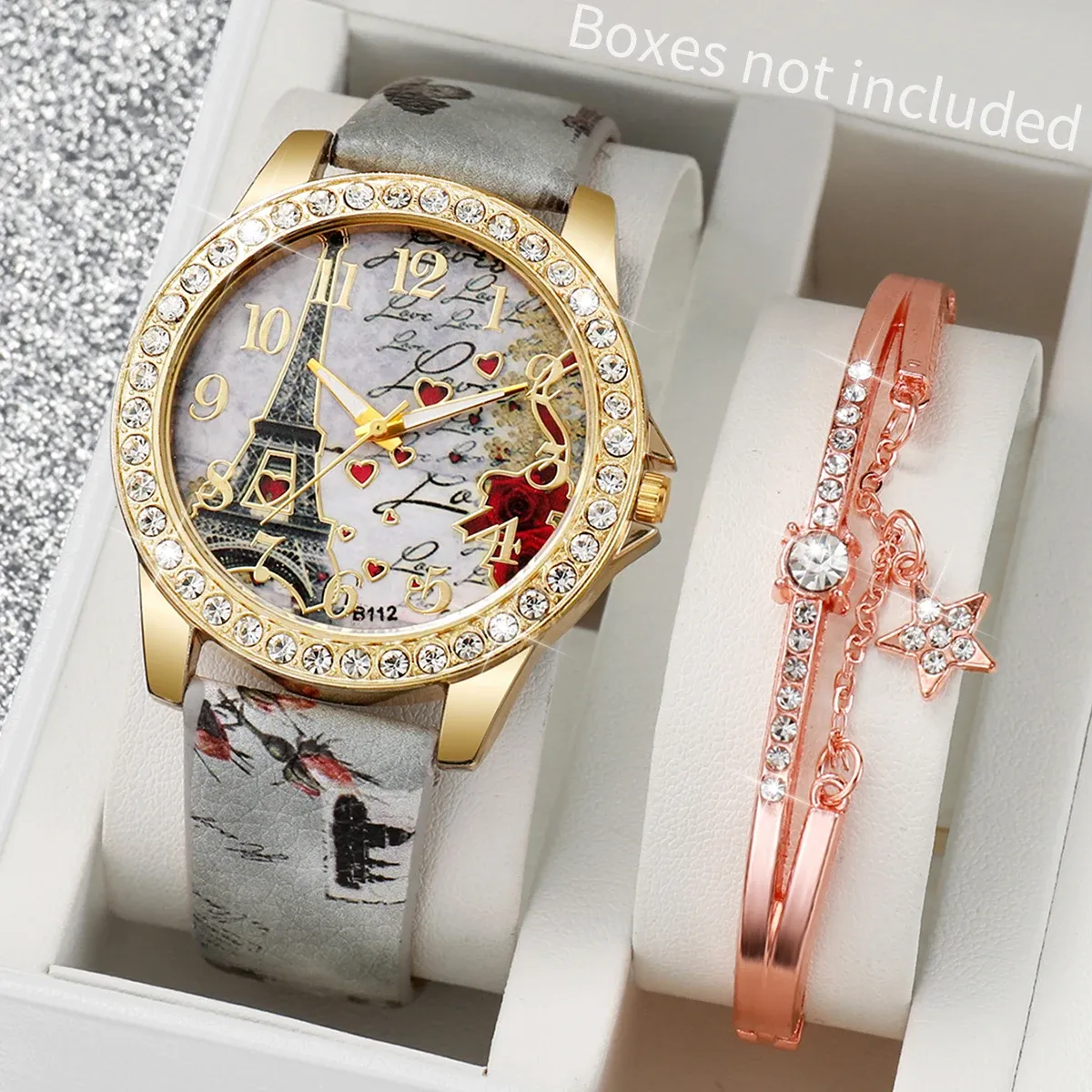 Fashion Rhinestone Women's Watch Set - Floral Leather Band Quartz Timepiece with Elegant Design, CE Certified, Perfect for Daily Wear showcase 5