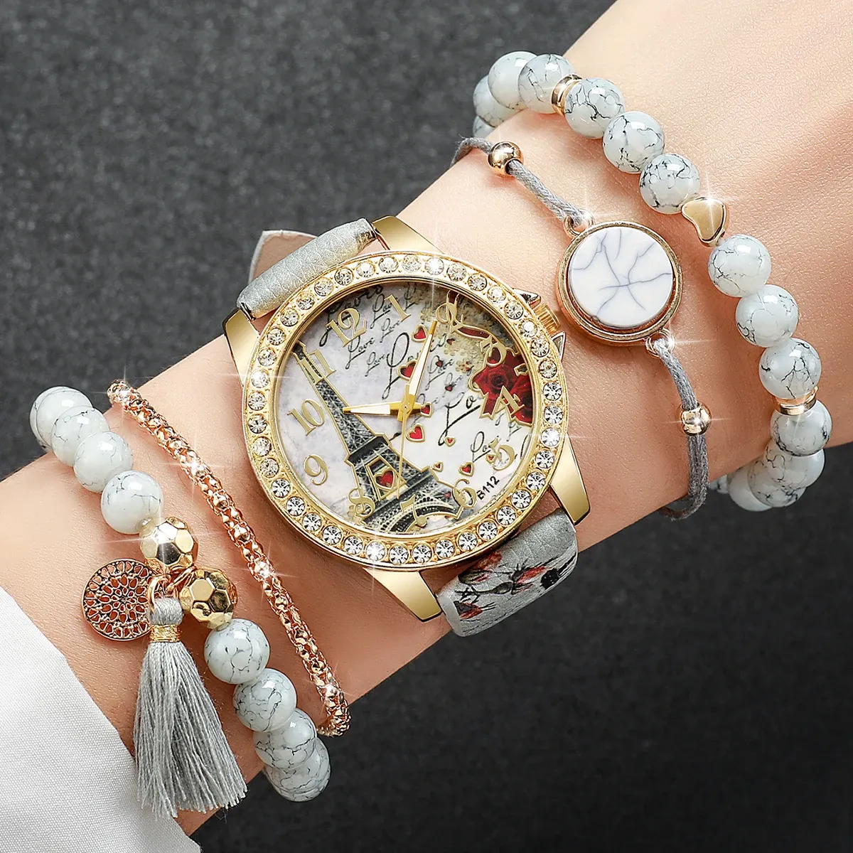 Fashion Rhinestone Women's Watch Set - Floral Leather Band Quartz Timepiece with Elegant Design, CE Certified, Perfect for Daily Wear showcase 7