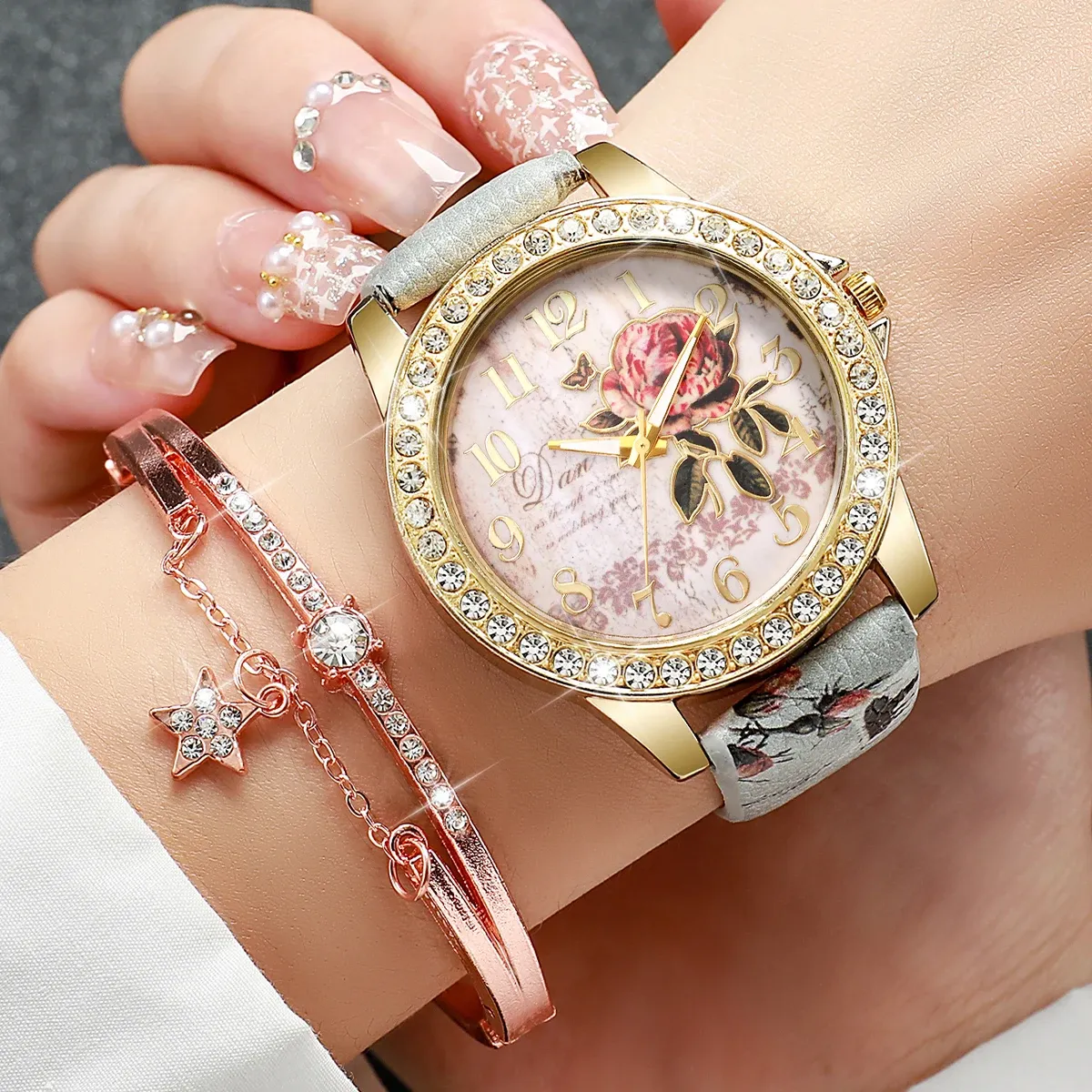 Fashion Rhinestone Women's Watch Set - Floral Leather Band Quartz Timepiece with Elegant Design, CE Certified, Perfect for Daily Wear showcase 13