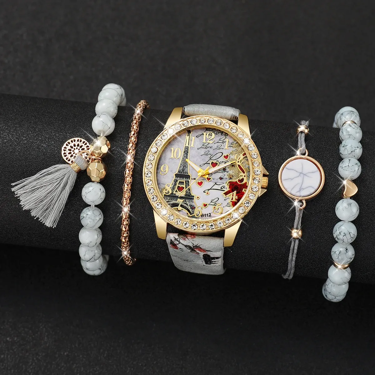 Fashion Rhinestone Women's Watch Set - Floral Leather Band Quartz Timepiece with Elegant Design, CE Certified, Perfect for Daily Wear showcase 15