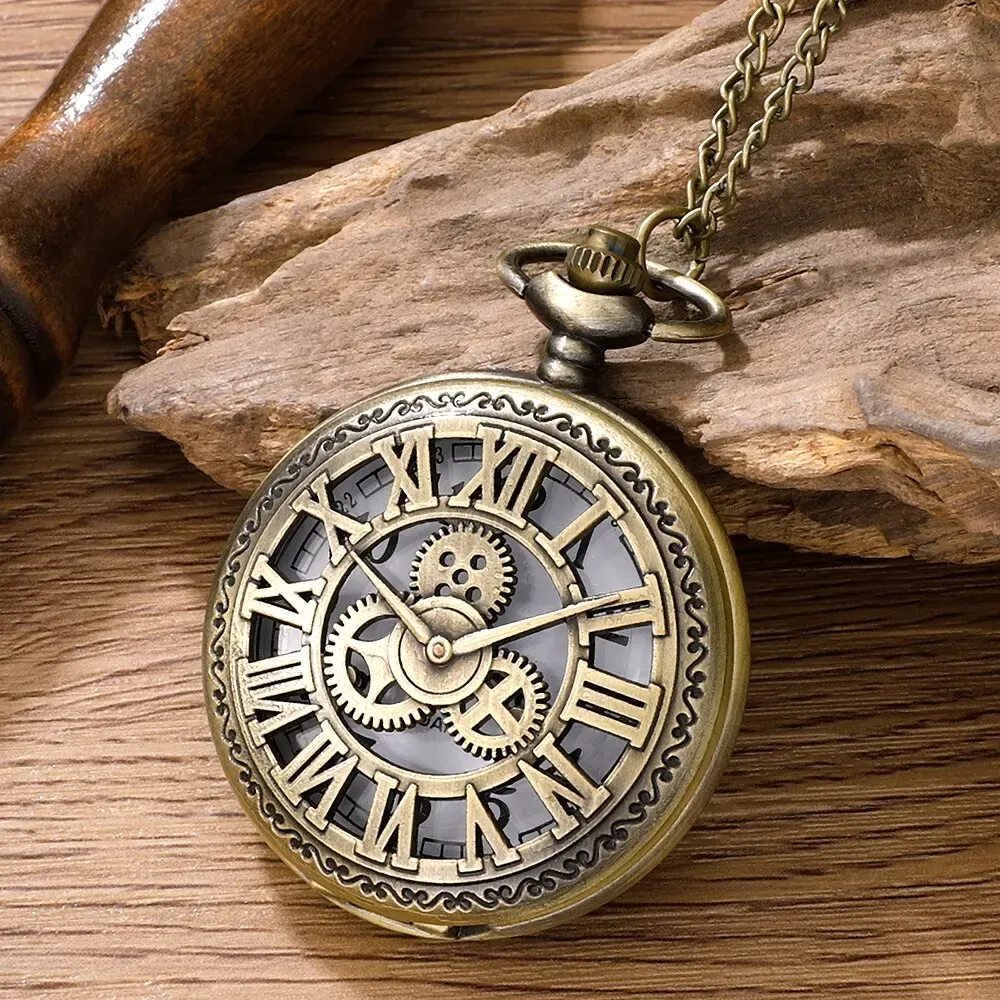 Antique Steampunk Roman Numeral Pocket Watch Necklace, Vintage Bronze Quartz Pendant Clock for Men & Women thumbnail 6