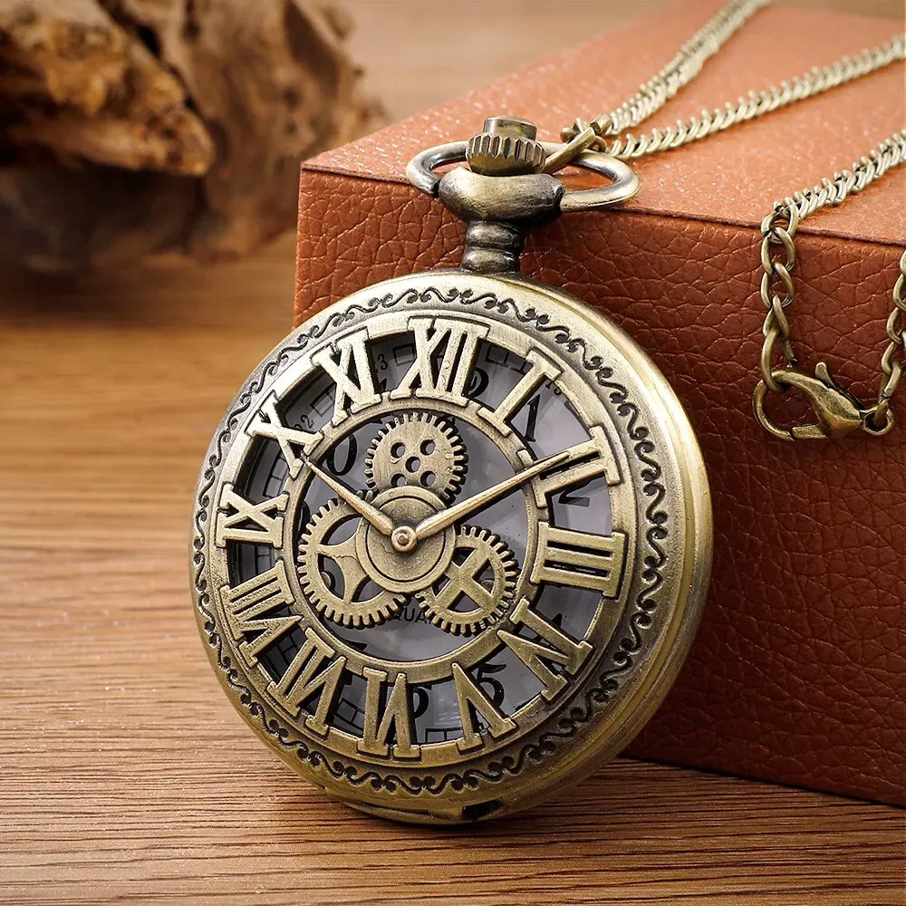 Antique Steampunk Roman Numeral Pocket Watch Necklace, Vintage Bronze Quartz Pendant Clock for Men & Women thumbnail 1