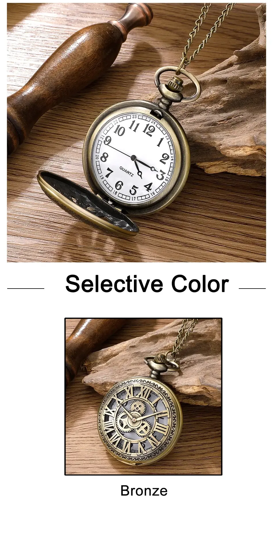 Antique Steampunk Roman Numeral Pocket Watch Necklace, Vintage Bronze Quartz Pendant Clock for Men & Women showcase 6