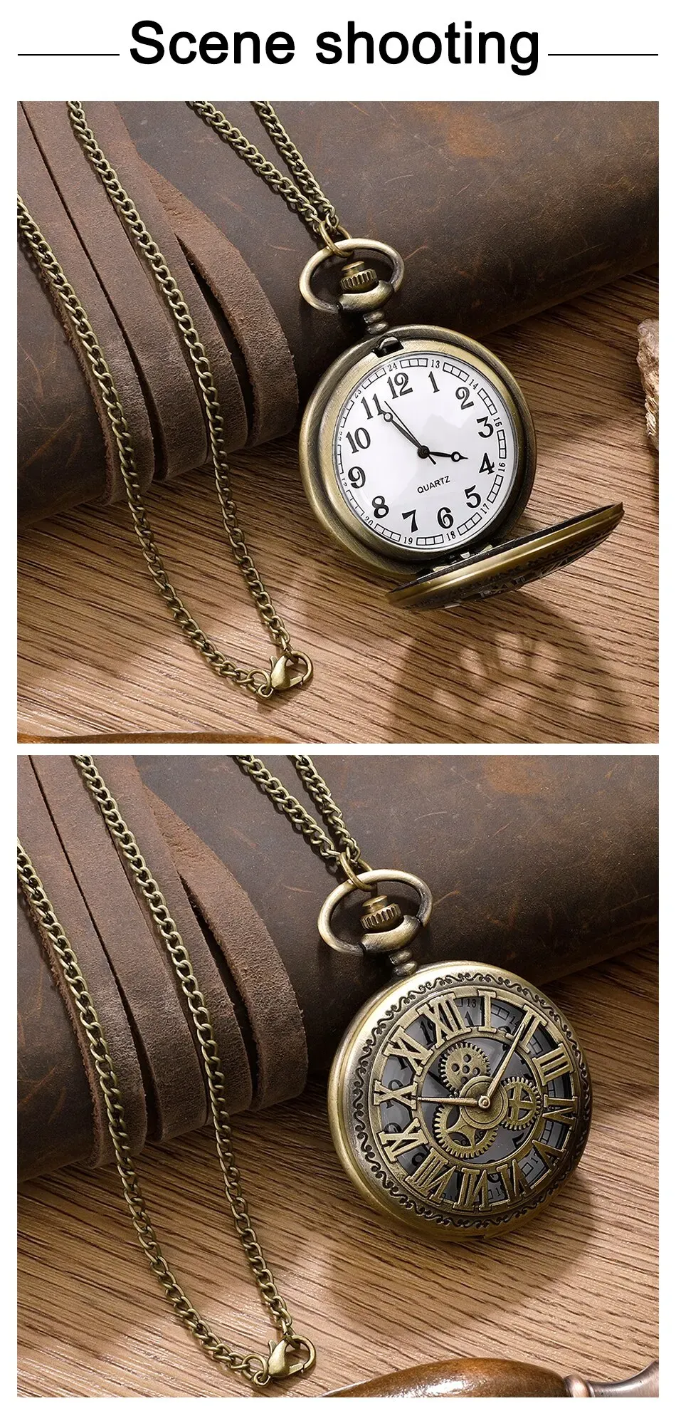 Antique Steampunk Roman Numeral Pocket Watch Necklace, Vintage Bronze Quartz Pendant Clock for Men & Women showcase 4