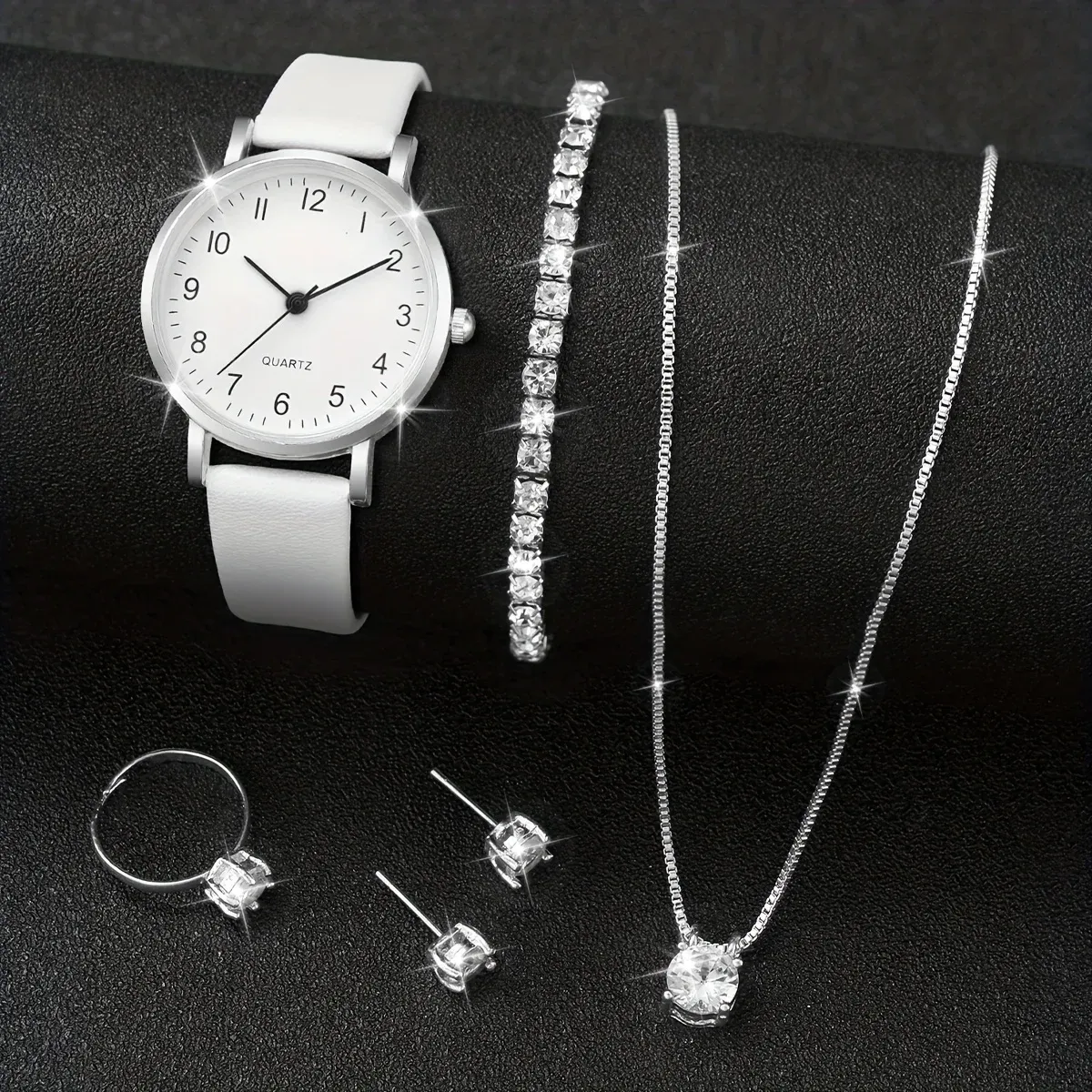 Luxury Women's Diamond Accent Quartz Watch Set - Fashion Leather Band Analog Timepiece with Elegant Jewelry Accents thumbnail 5