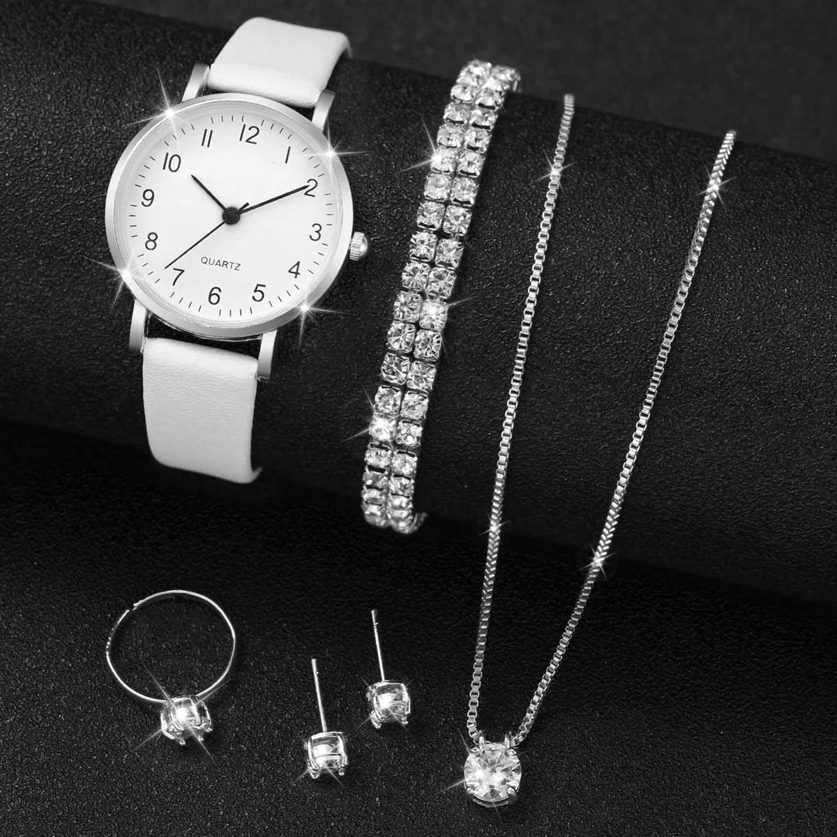 Luxury Women's Diamond Accent Quartz Watch Set - Fashion Leather Band Analog Timepiece with Elegant Jewelry Accents showcase 12