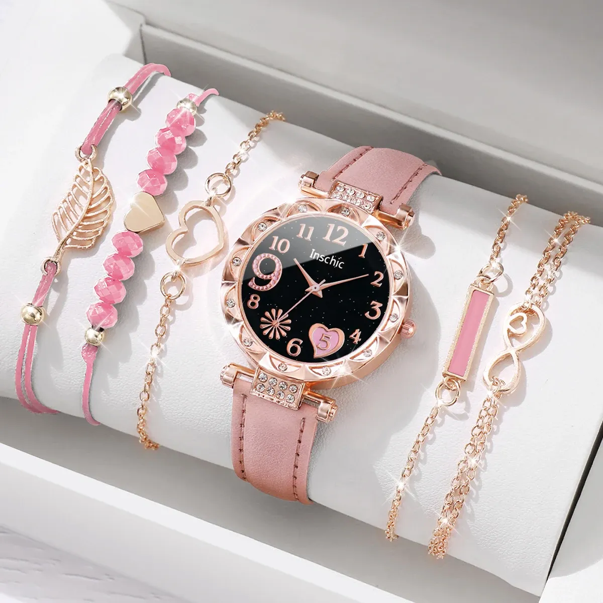 Fashion Heart Dial Women's Watch Set - Casual Leather Band Analog Quartz with Leaf Bracelets, CE Certified, Durable Alloy Case showcase 1