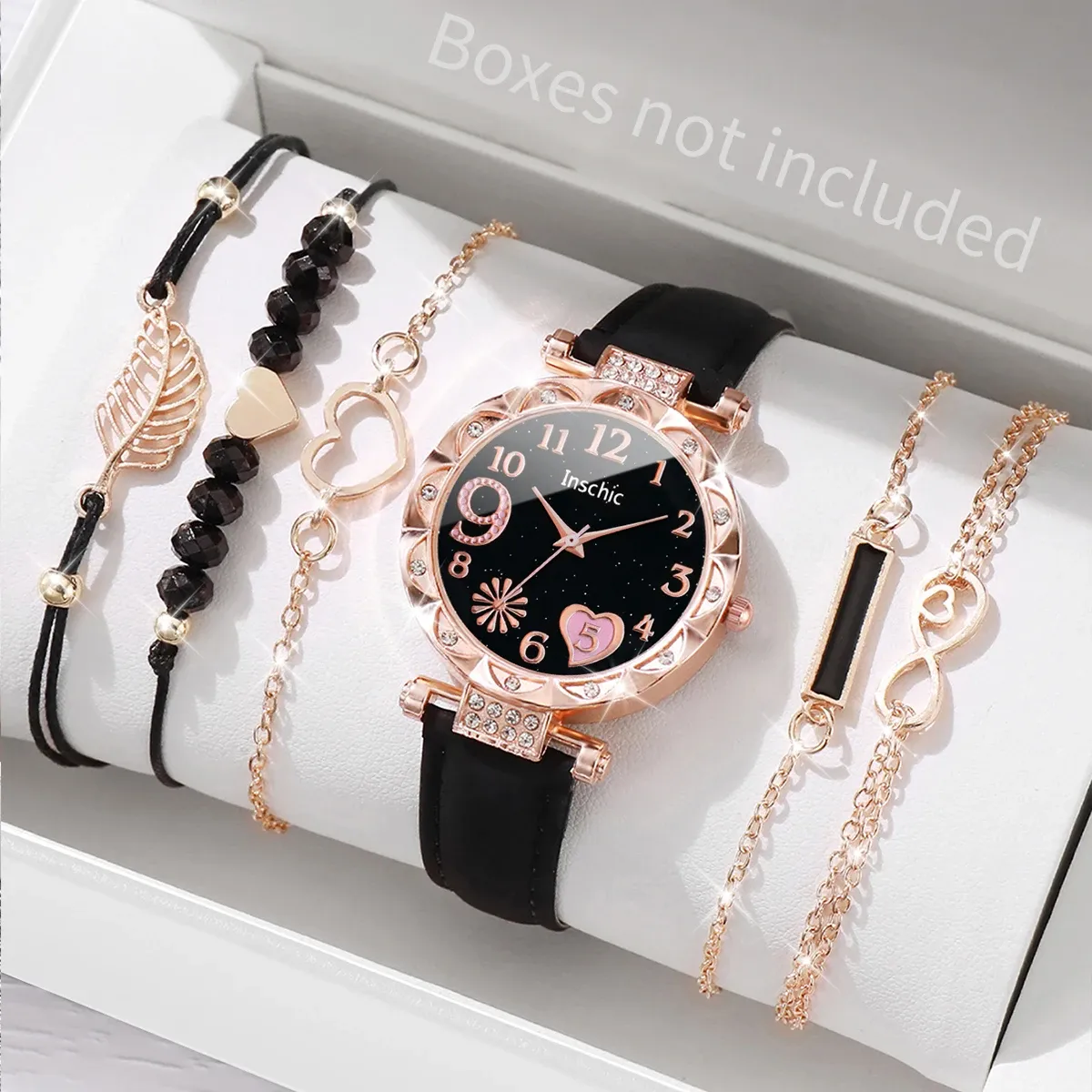 Fashion Heart Dial Women's Watch Set - Casual Leather Band Analog Quartz with Leaf Bracelets, CE Certified, Durable Alloy Case showcase 3