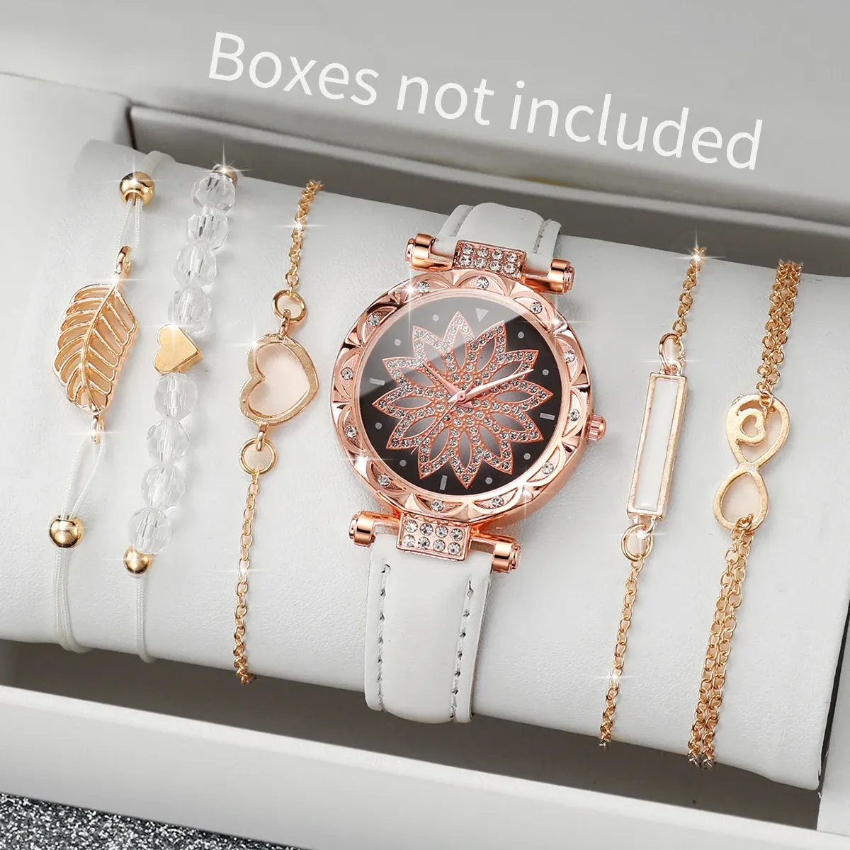 Fashion Heart Dial Women's Watch Set - Casual Leather Band Analog Quartz with Leaf Bracelets, CE Certified, Durable Alloy Case showcase 7