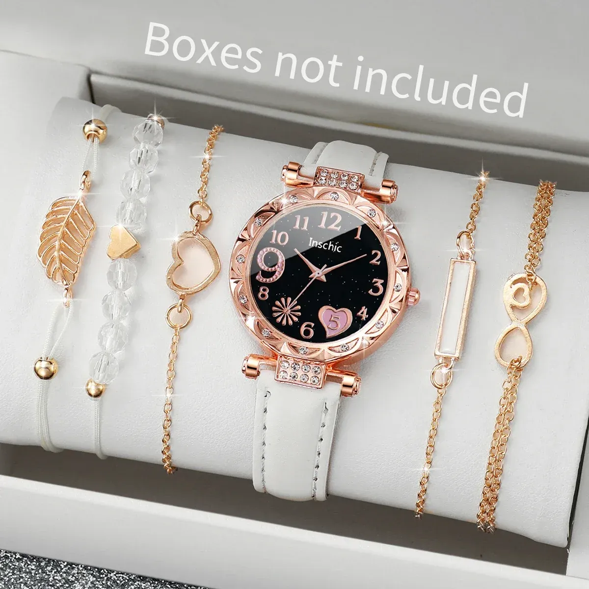 Fashion Heart Dial Women's Watch Set - Casual Leather Band Analog Quartz with Leaf Bracelets, CE Certified, Durable Alloy Case showcase 4