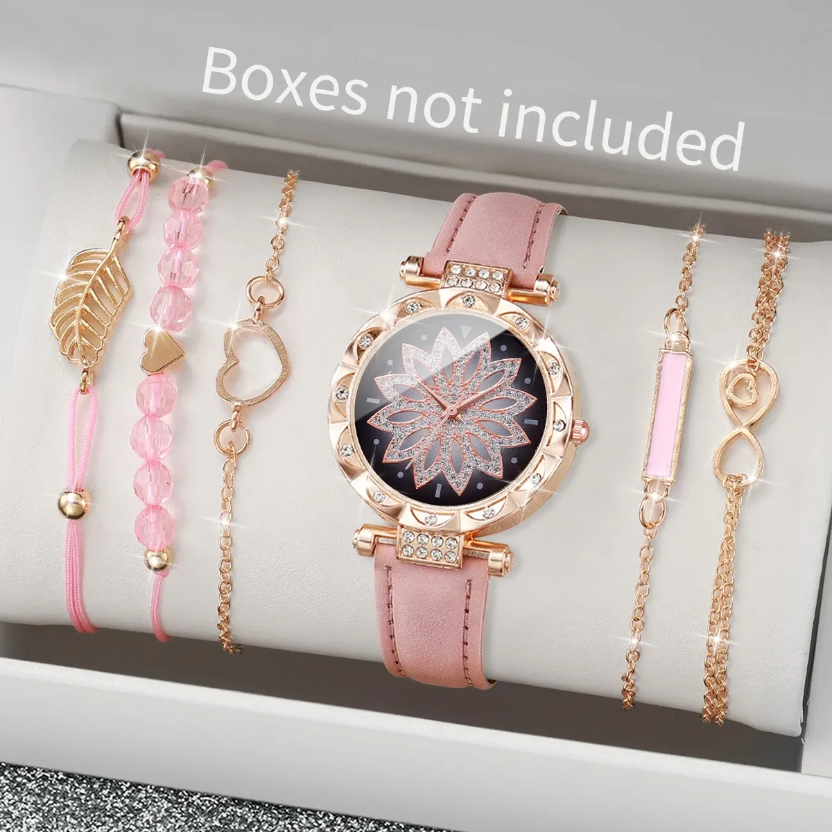 Fashion Heart Dial Women's Watch Set - Casual Leather Band Analog Quartz with Leaf Bracelets, CE Certified, Durable Alloy Case showcase 5