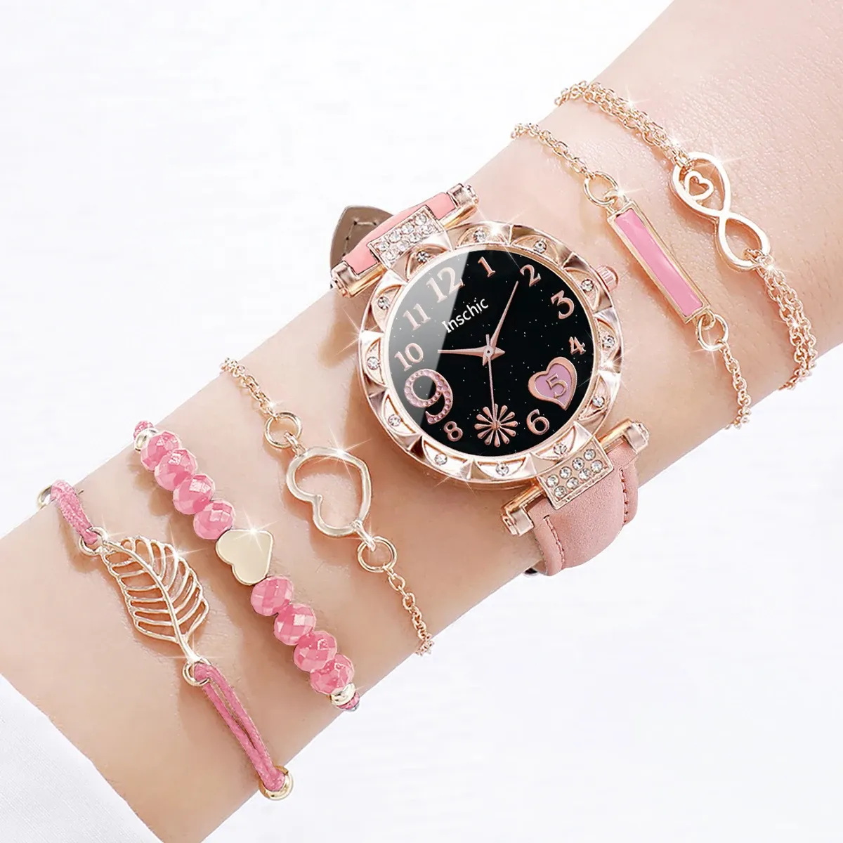 Fashion Heart Dial Women's Watch Set - Casual Leather Band Analog Quartz with Leaf Bracelets, CE Certified, Durable Alloy Case showcase 12