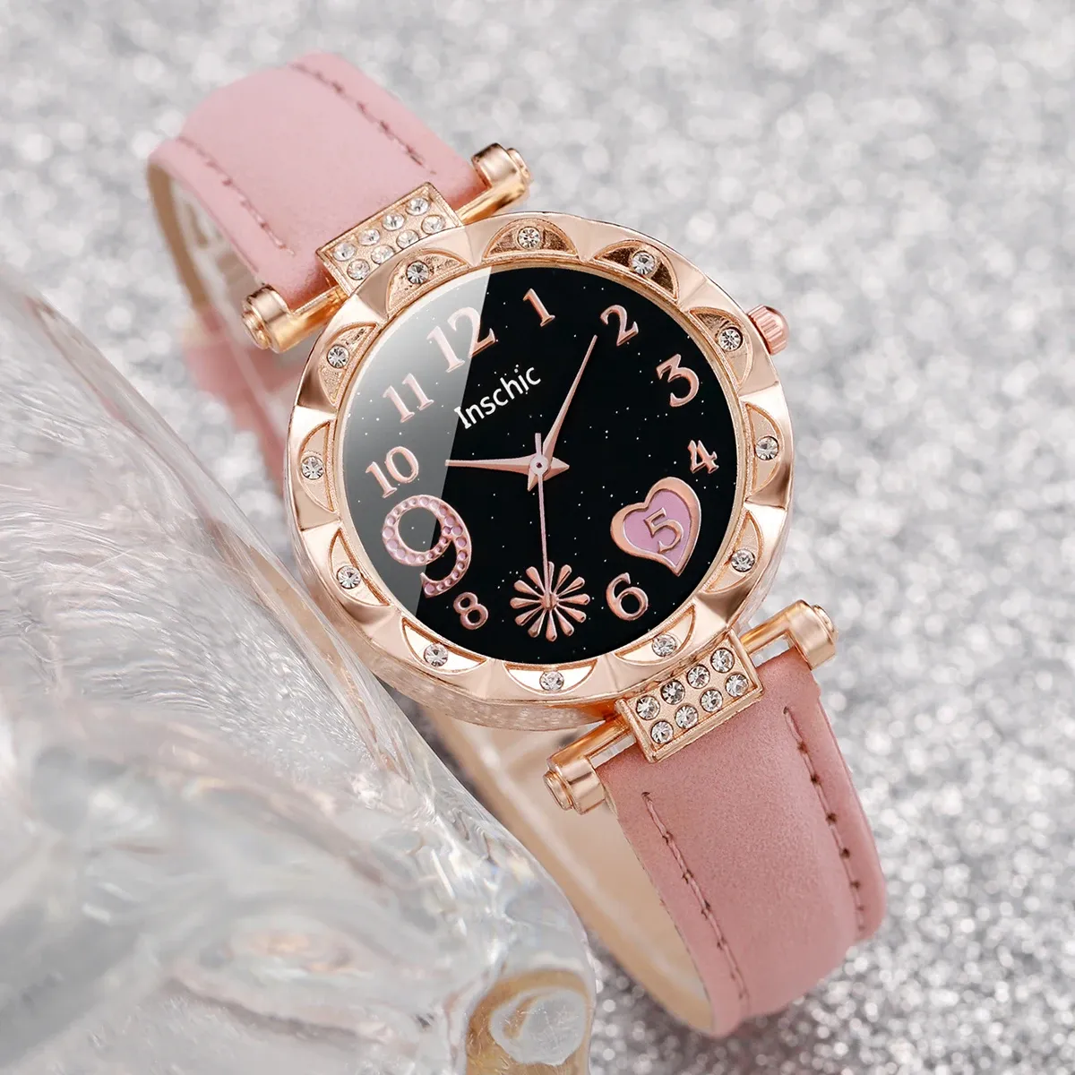 Fashion Heart Dial Women's Watch Set - Casual Leather Band Analog Quartz with Leaf Bracelets, CE Certified, Durable Alloy Case showcase 15