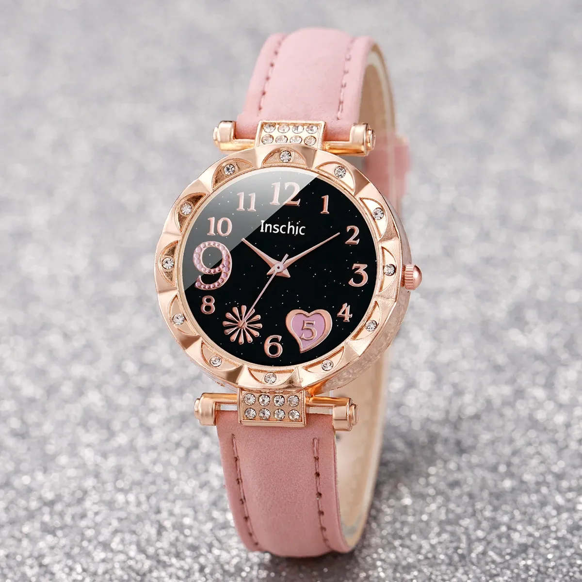 Fashion Heart Dial Women's Watch Set - Casual Leather Band Analog Quartz with Leaf Bracelets, CE Certified, Durable Alloy Case showcase 16