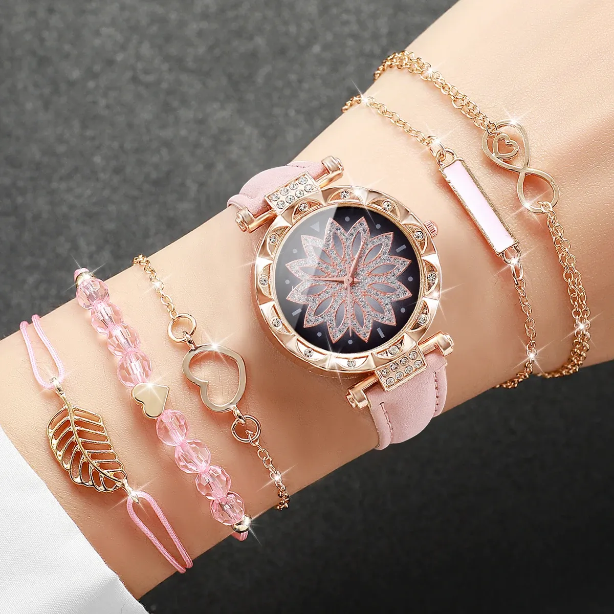 Fashion Heart Dial Women's Watch Set - Casual Leather Band Analog Quartz with Leaf Bracelets, CE Certified, Durable Alloy Case showcase 13