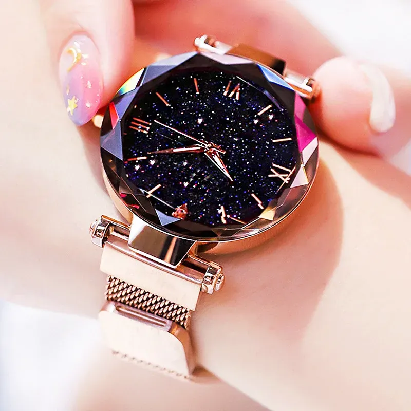 Women's Starry Sky Watch with Magnet Buckle Mesh Belt - Diamond Accents, Quartz Movement, Fashion Dress Clock for Everyday Elegance thumbnail 1