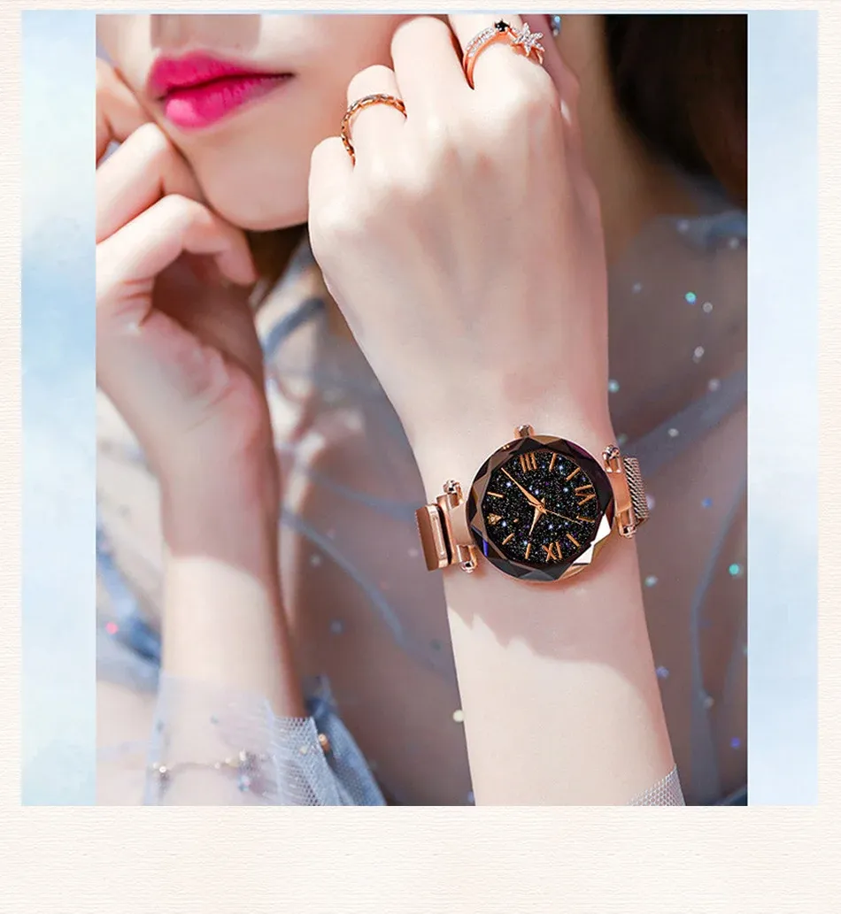 Women's Starry Sky Watch with Magnet Buckle Mesh Belt - Diamond Accents, Quartz Movement, Fashion Dress Clock for Everyday Elegance showcase 4