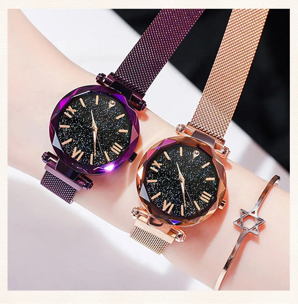 Women's Starry Sky Watch with Magnet Buckle Mesh Belt - Diamond Accents, Quartz Movement, Fashion Dress Clock for Everyday Elegance showcase 3