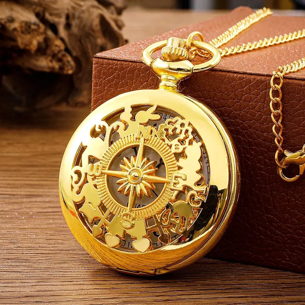 Antique Steampunk Pocket Watch for Men & Women, Vintage Arabic Numerals Quartz Movement Gold Case Necklace Pendant with Chain, Retro Style Accessory thumbnail 1