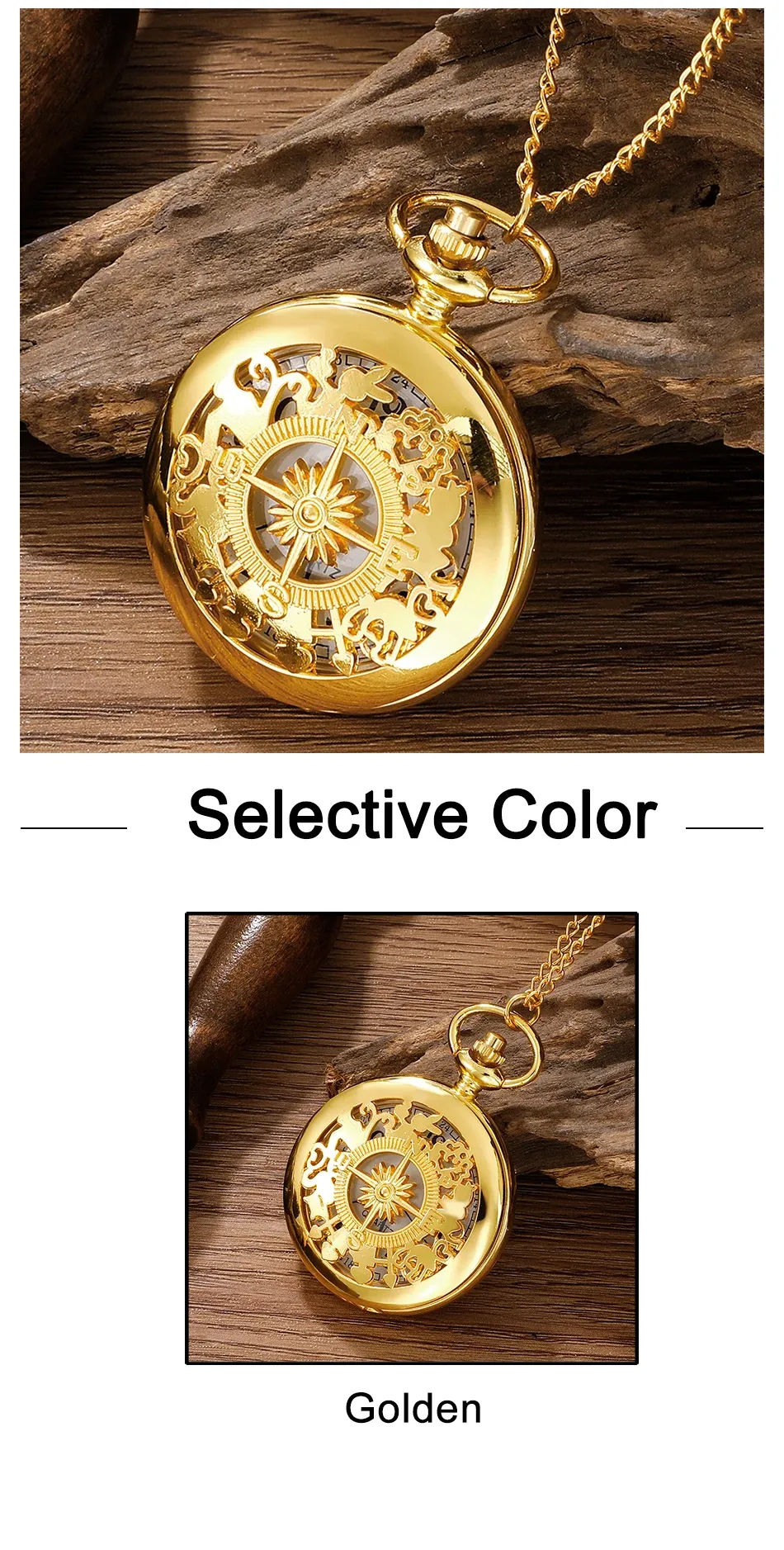 Antique Steampunk Pocket Watch for Men & Women, Vintage Arabic Numerals Quartz Movement Gold Case Necklace Pendant with Chain, Retro Style Accessory showcase 6