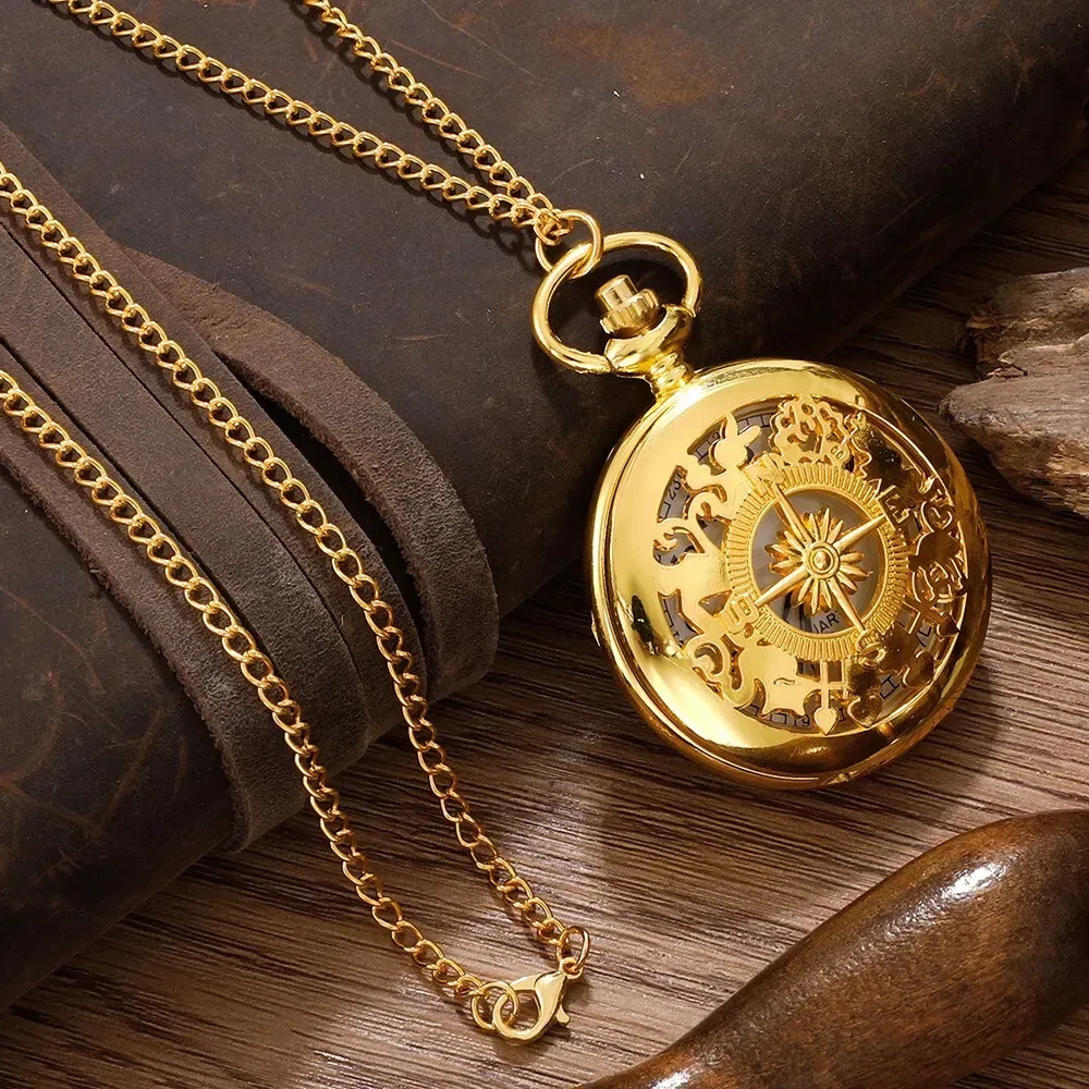 Antique Steampunk Pocket Watch for Men & Women, Vintage Arabic Numerals Quartz Movement Gold Case Necklace Pendant with Chain, Retro Style Accessory thumbnail 3