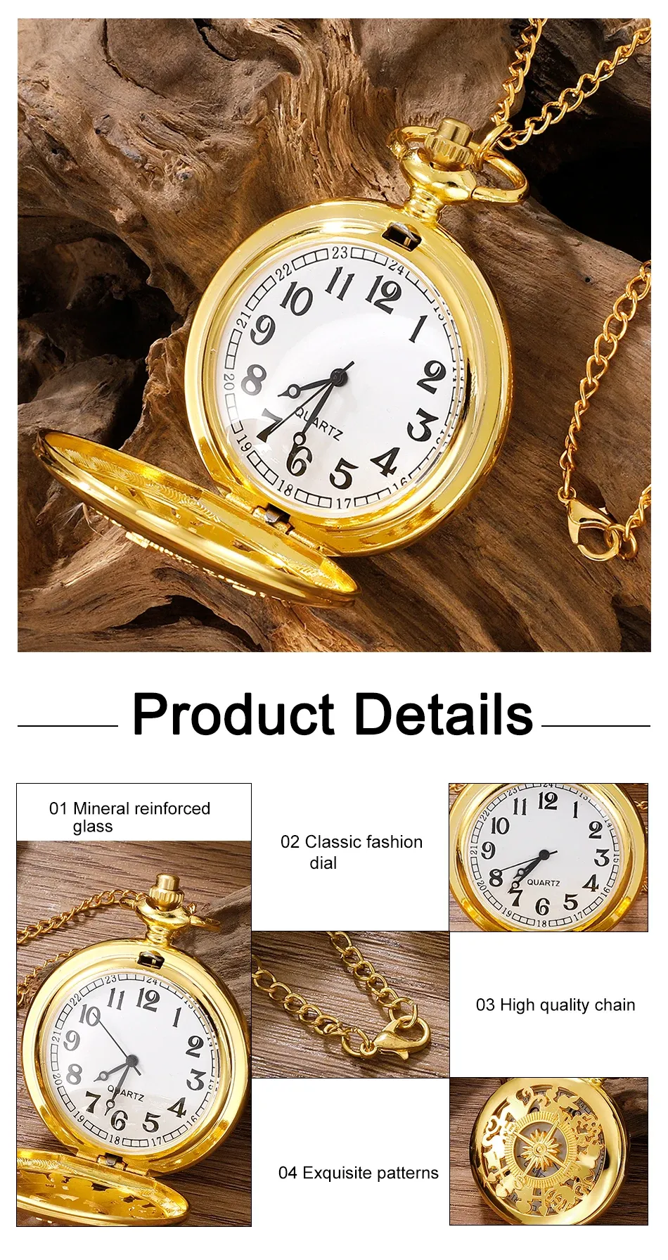 Antique Steampunk Pocket Watch for Men & Women, Vintage Arabic Numerals Quartz Movement Gold Case Necklace Pendant with Chain, Retro Style Accessory showcase 3