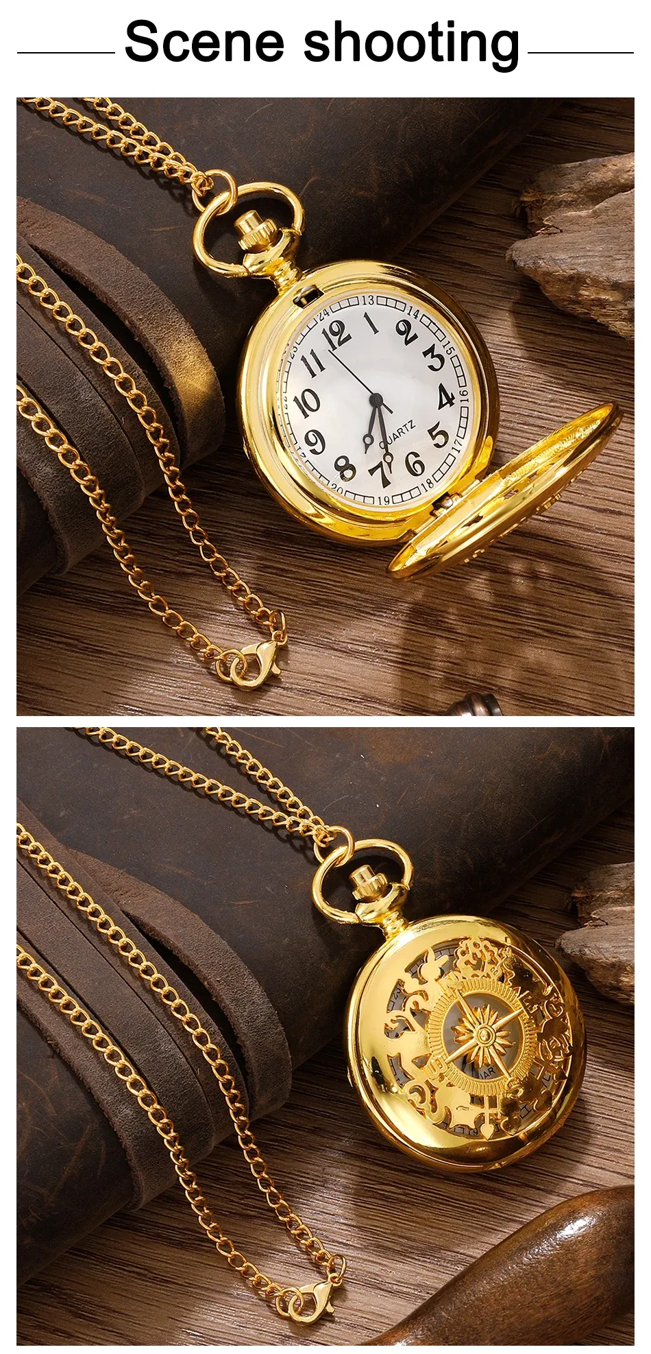 Antique Steampunk Pocket Watch for Men & Women, Vintage Arabic Numerals Quartz Movement Gold Case Necklace Pendant with Chain, Retro Style Accessory showcase 4