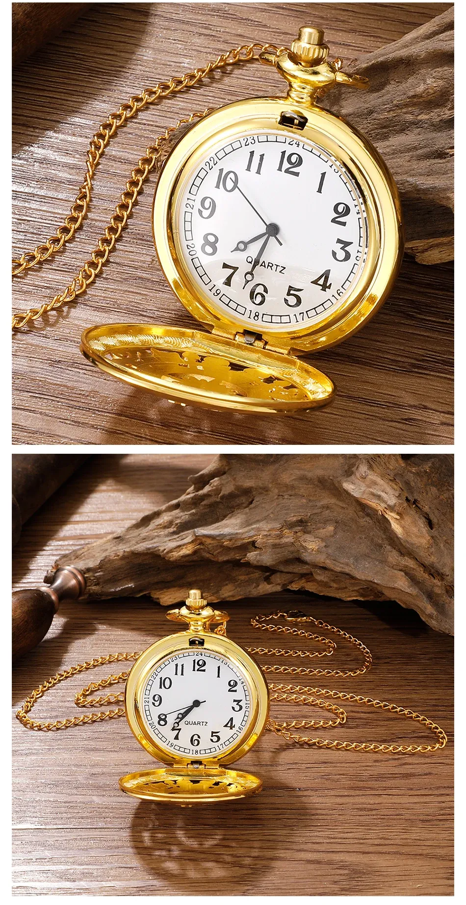 Antique Steampunk Pocket Watch for Men & Women, Vintage Arabic Numerals Quartz Movement Gold Case Necklace Pendant with Chain, Retro Style Accessory showcase 5