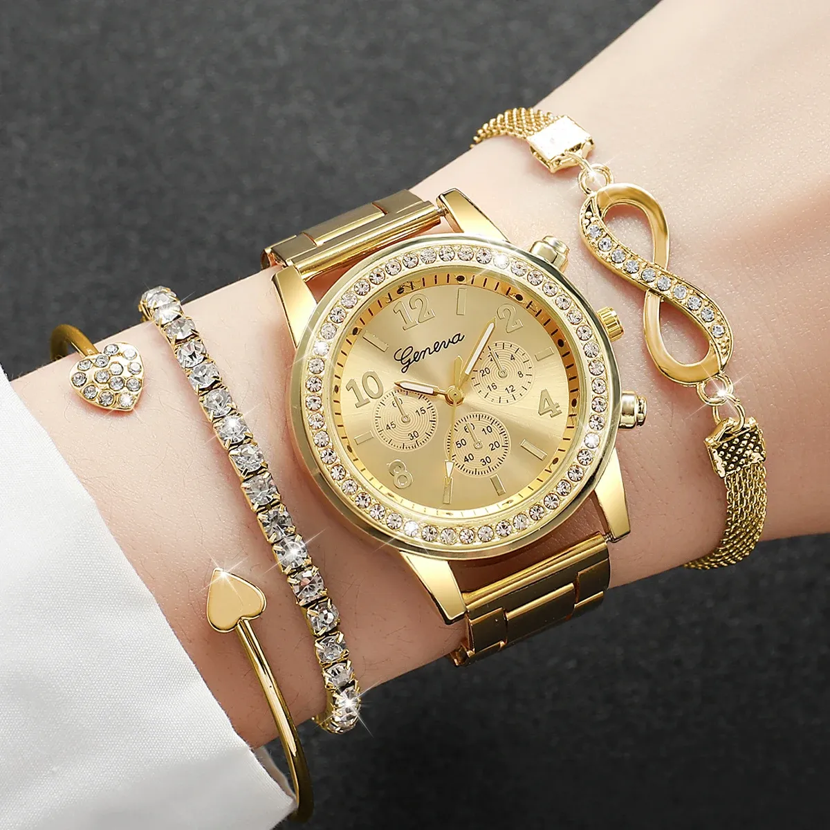 Luxury Women's Rhinestone Watch & Bracelet Set - Fashion Steel Band Quartz Timepiece for Ladies, Elegant Gift (Box Not Included) thumbnail 1