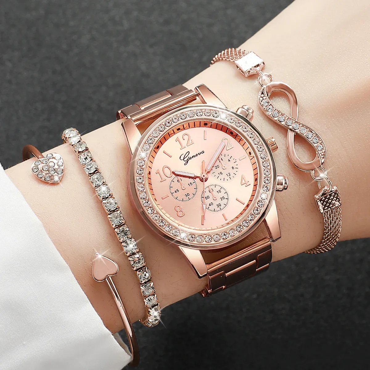 Luxury Women's Rhinestone Watch & Bracelet Set - Fashion Steel Band Quartz Timepiece for Ladies, Elegant Gift (Box Not Included) showcase 4