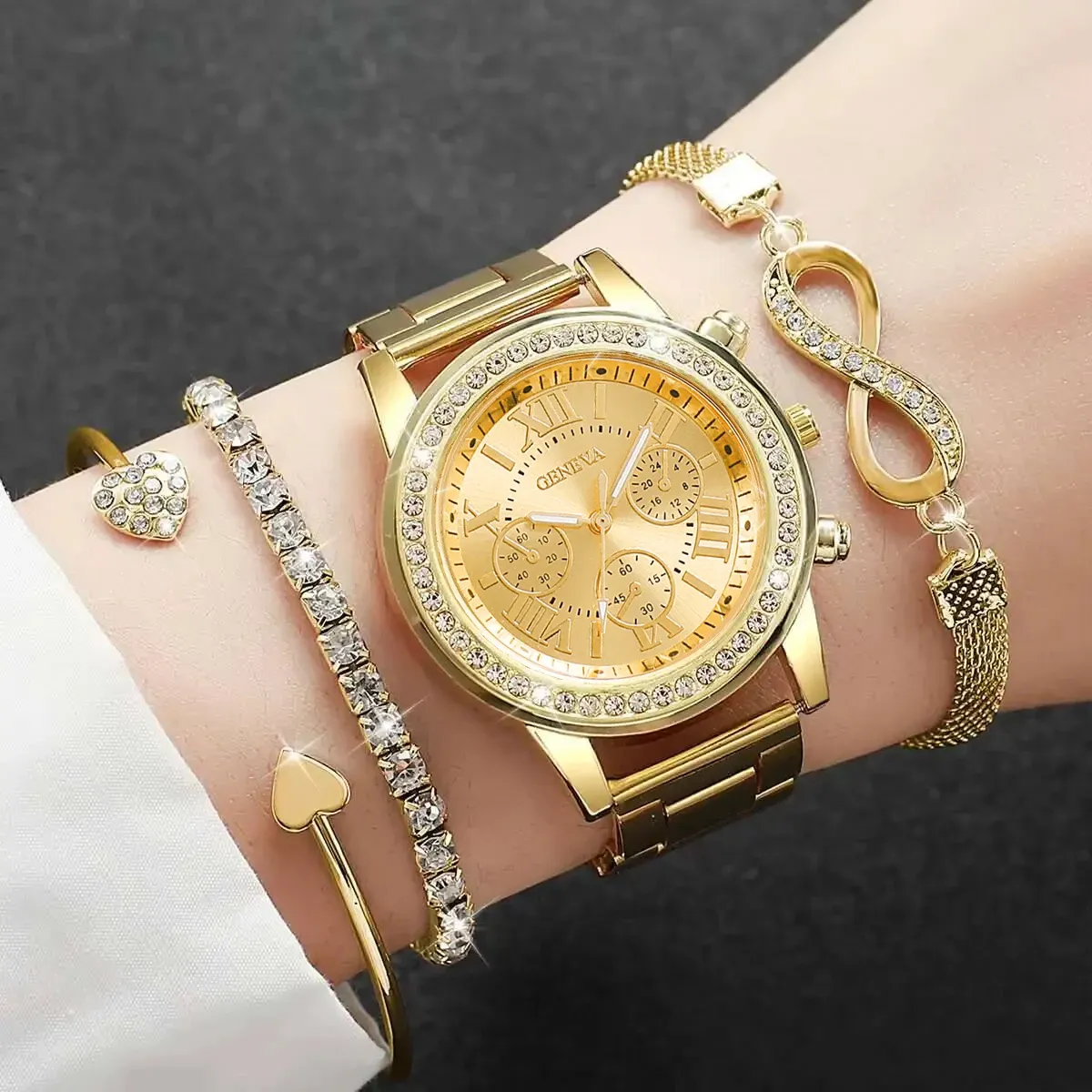Luxury Women's Rhinestone Watch & Bracelet Set - Fashion Steel Band Quartz Timepiece for Ladies, Elegant Gift (Box Not Included) thumbnail 4