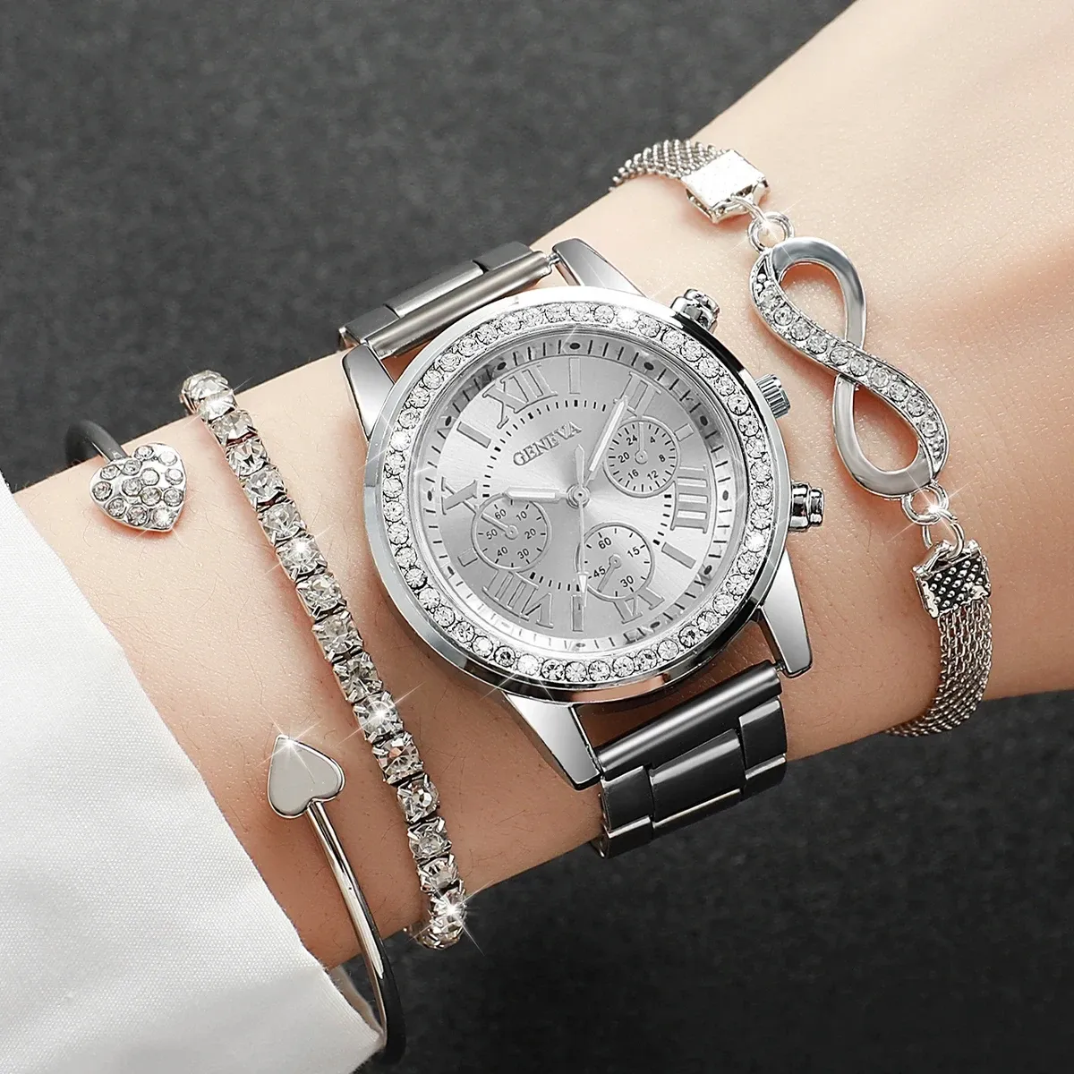 Luxury Women's Rhinestone Watch & Bracelet Set - Fashion Steel Band Quartz Timepiece for Ladies, Elegant Gift (Box Not Included) showcase 11