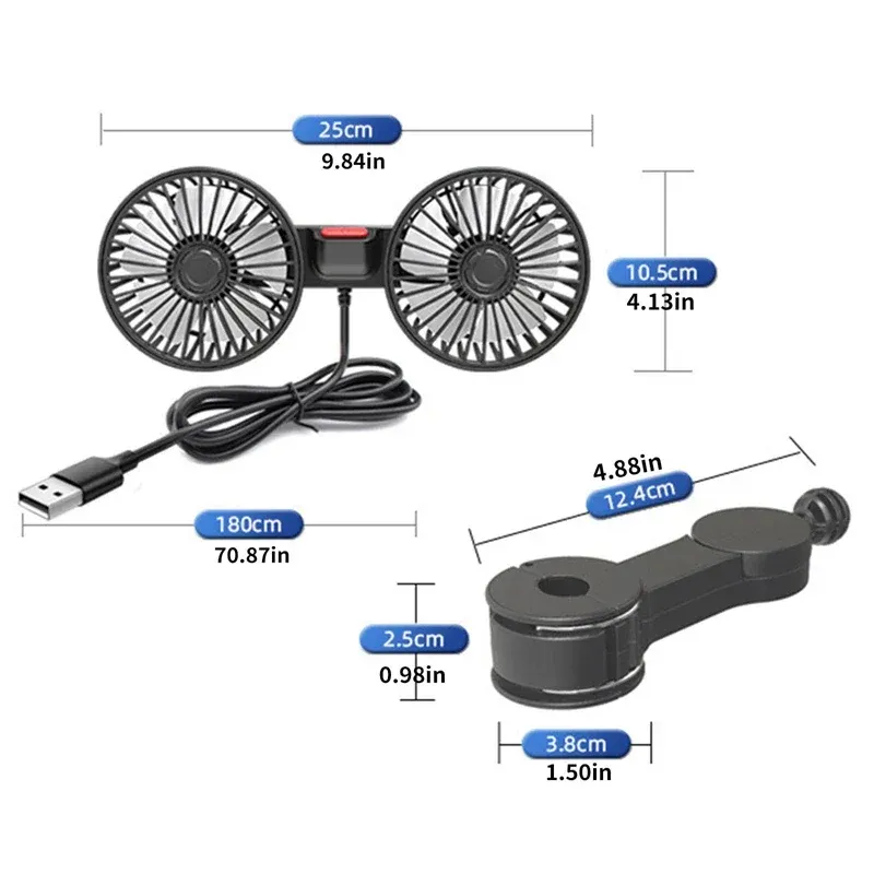 Portable USB Automotive Fan 360 Degree Rotatable Dual Head Electric Air Conditioner Seat Fan for Home Office 3 Speed Options thumbnail 6