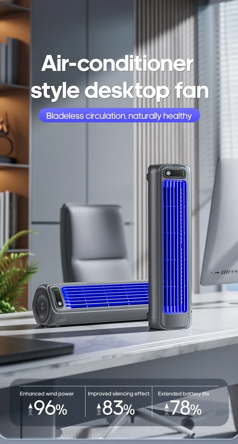 KINSCOTER Portable Air Conditioner Fan with 2000mAh Battery, 3-Speed Quiet Desktop Tower Fan, Wall Mountable, Rechargeable for Home, Office, Dorm showcase 1
