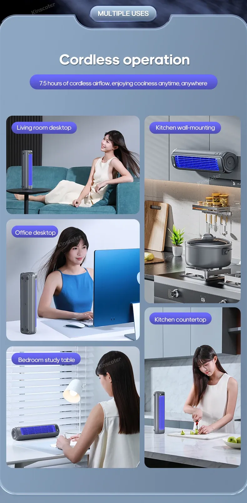 KINSCOTER Portable Air Conditioner Fan with 2000mAh Battery, 3-Speed Quiet Desktop Tower Fan, Wall Mountable, Rechargeable for Home, Office, Dorm showcase 16
