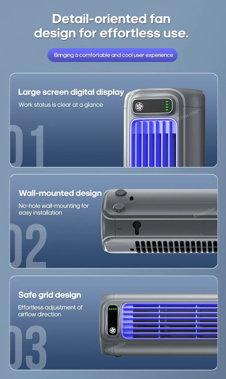 KINSCOTER Portable Air Conditioner Fan with 2000mAh Battery, 3-Speed Quiet Desktop Tower Fan, Wall Mountable, Rechargeable for Home, Office, Dorm showcase 17