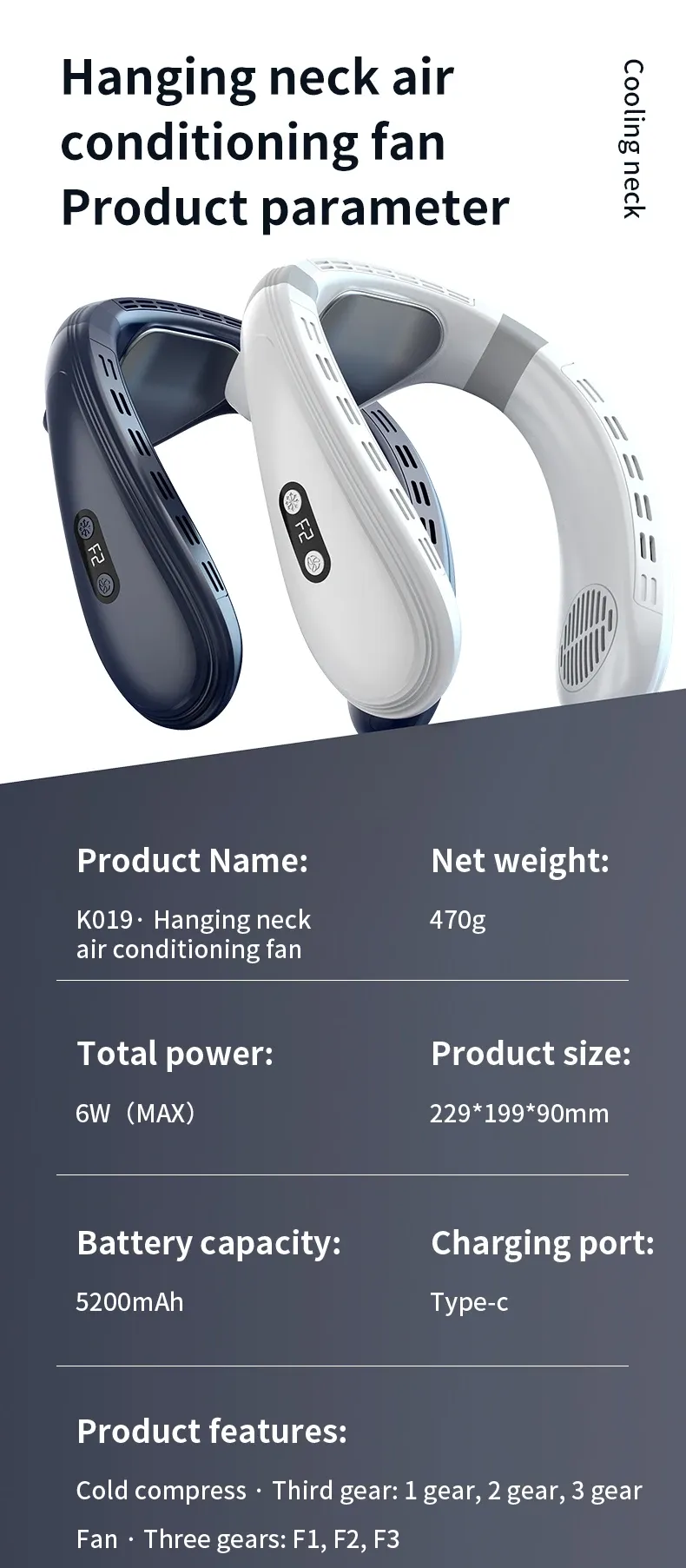 Portable Neck Fan 5200mAh Rechargeable Air Conditioner with Semiconductor Cooling - Wearable Personal Cooler for Outdoor Use, 3-Speed, Fast Cooling showcase 23